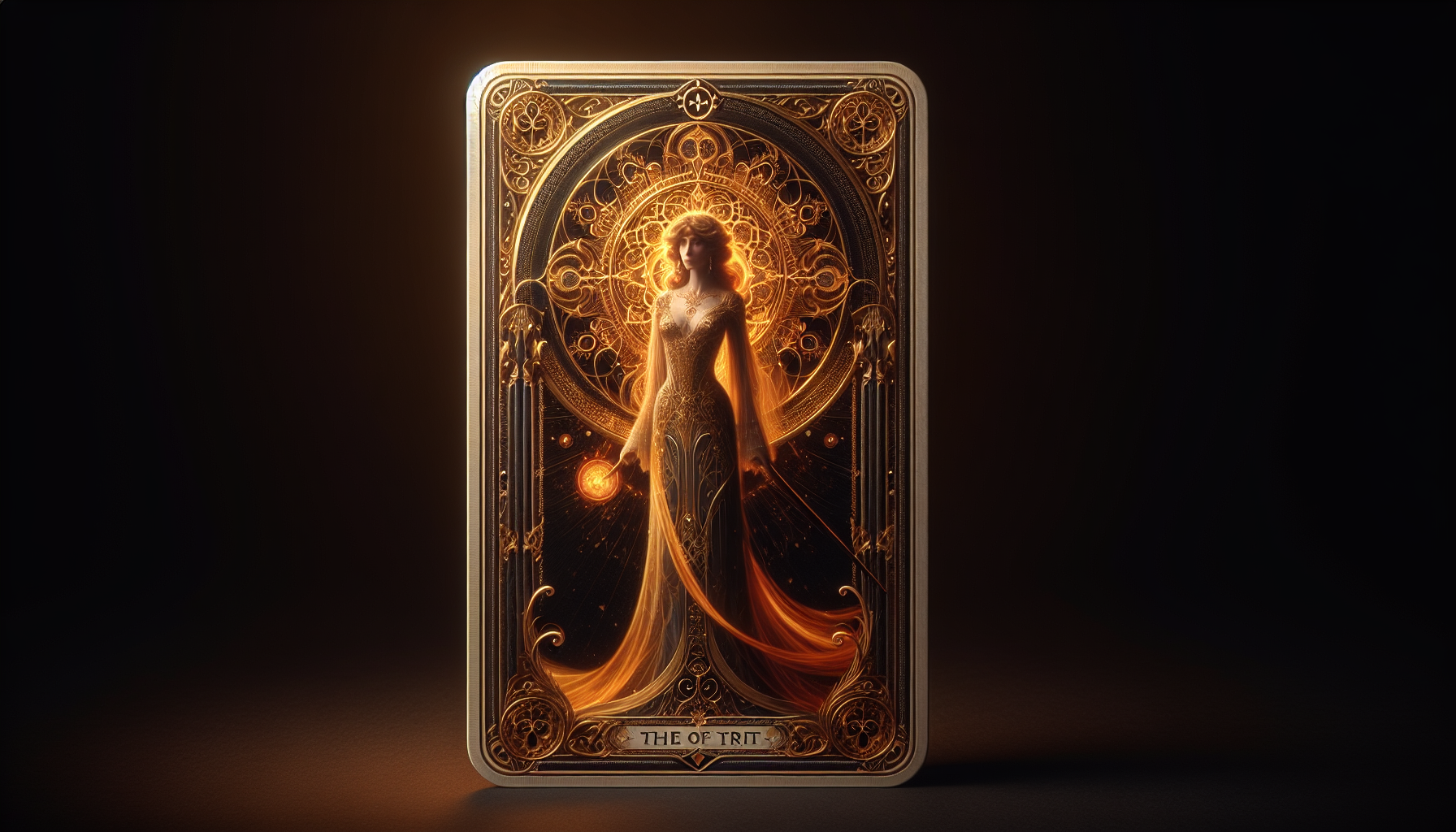 Create Tarot card , Smith Waite style, Upright position, 300 pixels by 400 pixels, “Queen of Wands” Gold border, intricate, mystic, Stunningly Beautiful,  Highly detailed, accurate. 4K resolution, cinematographic lighting. Hyper color. Show full card in frame.