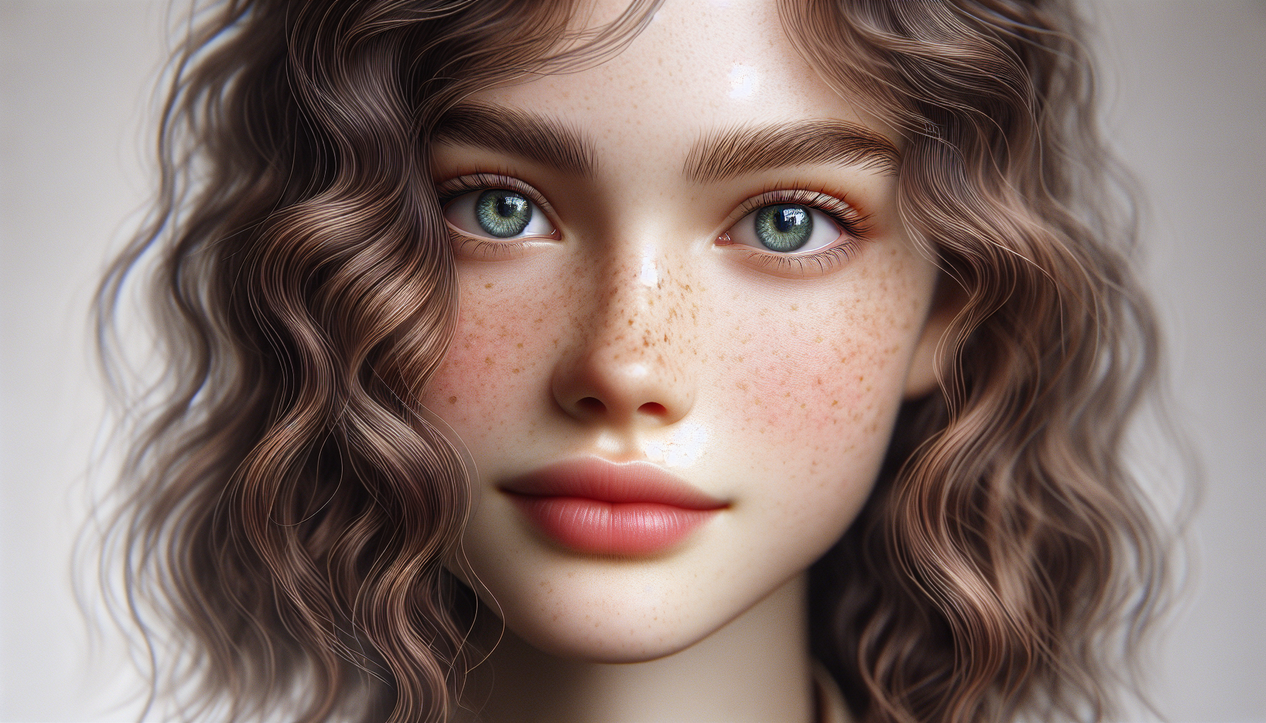 portrait extrêmement réaliste d'une jeune fille très très très belle avec de superbes cheveux un peu ondulés et quelques taches de rousseurs