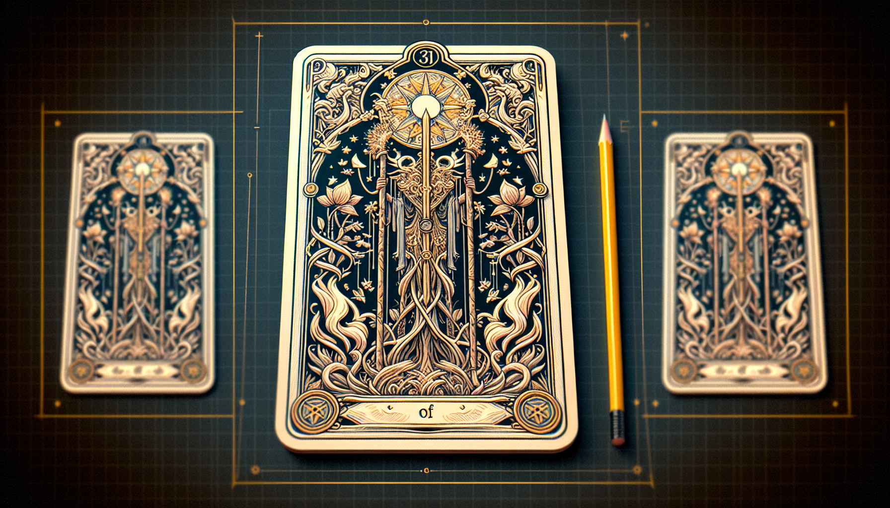 Create Tarot card , Smith Waite style, Upright position, 300 pixels by 400 pixels, “King of Wands” Gold border, intricate, mystic, Stunningly Beautiful,  Highly detailed, accurate. 4K resolution, cinematographic lighting. Hyper color. Show full card in frame.