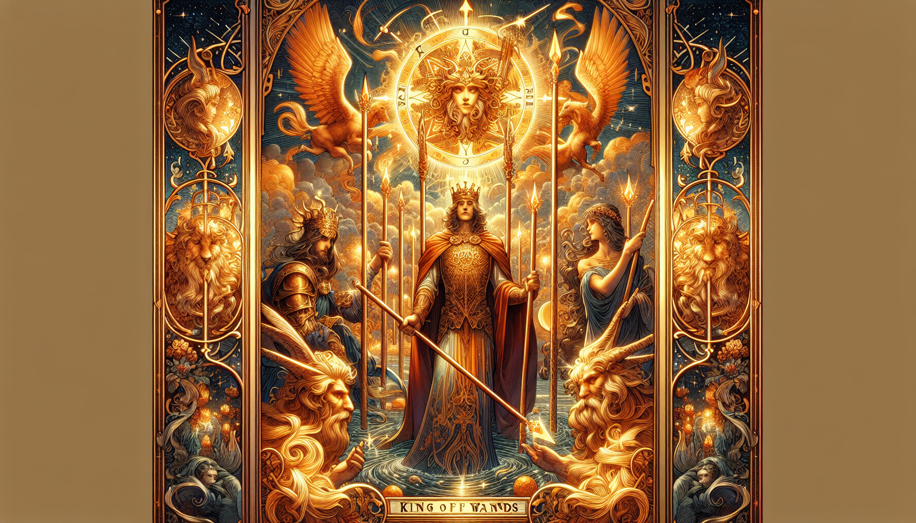 Create Tarot card , Smith Waite style, Upright position, 300 pixels by 400 pixels, “King of Wands” Gold border, intricate, mystic, Stunningly Beautiful,  Highly detailed, accurate. 4K resolution, cinematographic lighting. Hyper color. Show full card in frame.