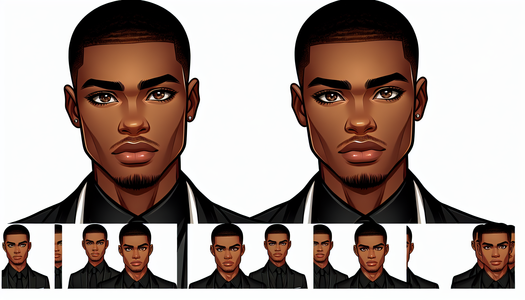 A young black guy with piercing brown eyes, deep set thin hunter eyes, strong jawline covered in a stubble, short hair with defined edges and a fade, broad shoulders, muscular build, wearing an all black suit with buttons unbuttoned at the top, an intense gaze