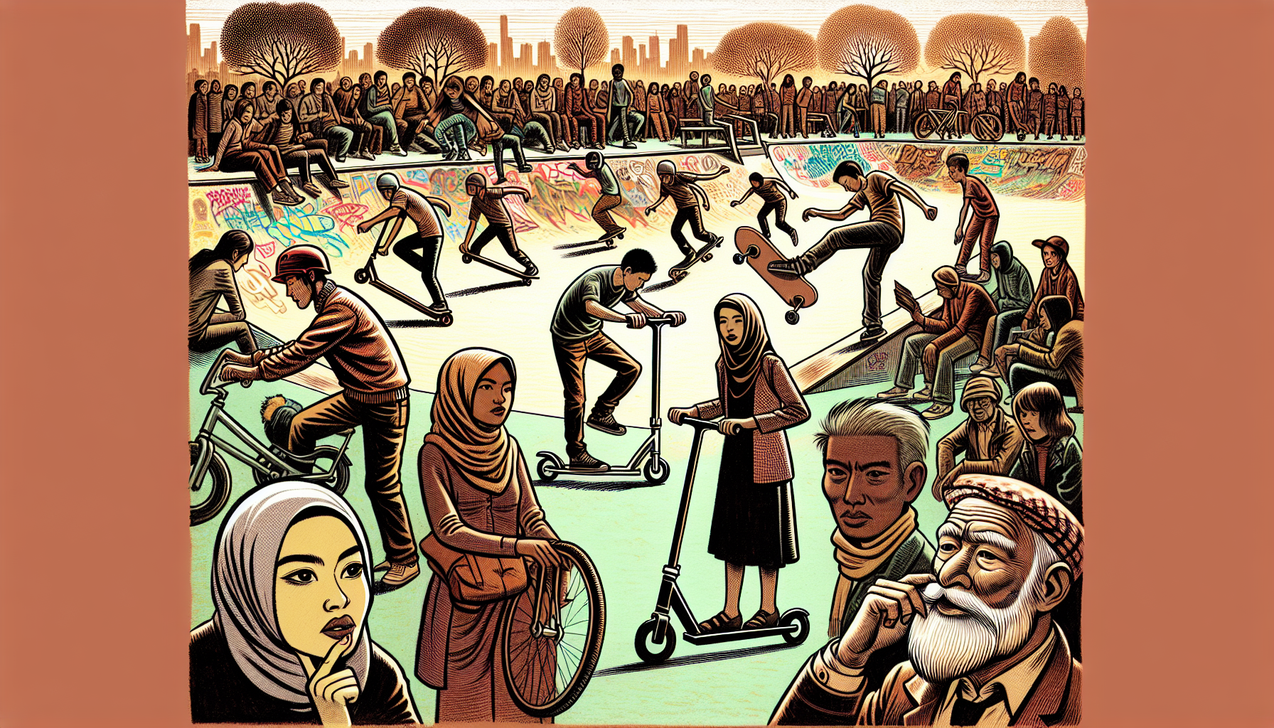 Hazme un dibujo de gente montada en patinete, haciendo piruetas en patinete, cosas así, de ese estilo, de gente en bicicleta, en un skatepark, así, todo rollo como esta foto, del estilo de esta foto, pero eso, algo que represente el día de la bicicleta y el patín, ¿sabes?, cosas así, estilo grafiti y esas cosas