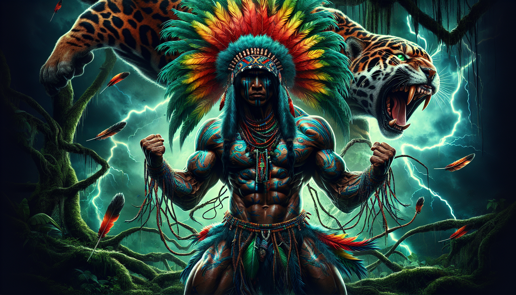 Badass Cartoon Comic Image Prompt:
An indigenous male from the jungles of South America stands hyped up in an intense, power pose—muscles flexed, fists clenched. His feathered headdress gleams with yellow, teal and red jungle feathers, and layers of beaded necklaces. his dark skin decorated with intricate blue-black tattoos. Behind him, his spirit-animal, a massive enraged jaguar roars with glowing eyes, its claws tearing through the background with savage scratches. The dense rainforest crackles with lightning, shadows, and neon-green mist, vines whipping in the chaos. The whole scene explodes with raw animal energy, like a primal beast has been unleashed.