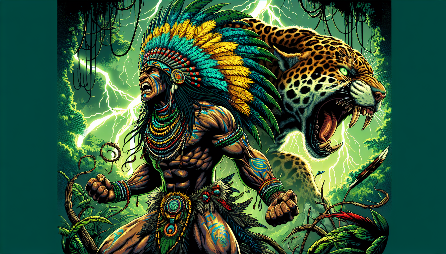 Badass Cartoon Comic Image Prompt:
An indigenous male from the jungles of South America stands hyped up in an intense, power pose—muscles flexed, fists clenched. His feathered headdress gleams with yellow, teal and red jungle feathers, and layers of beaded necklaces. his dark skin decorated with intricate blue-black tattoos. Behind him, his spirit-animal, a massive enraged jaguar roars with glowing eyes, its claws tearing through the background with savage scratches. The dense rainforest crackles with lightning, shadows, and neon-green mist, vines whipping in the chaos. The whole scene explodes with raw animal energy, like a primal beast has been unleashed.