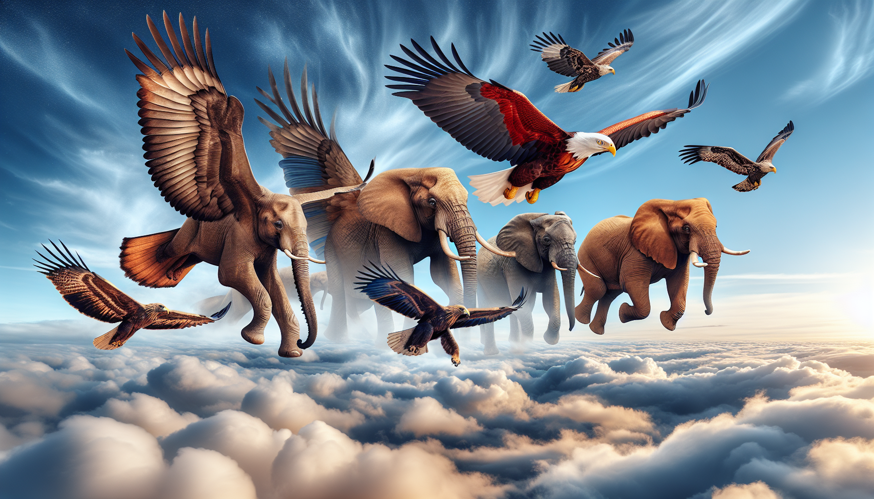 elephant 6 eagle flying toguether on the sky

