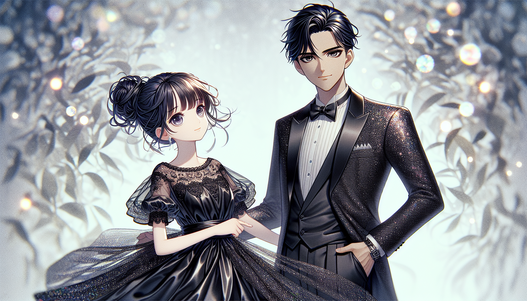 an image of ma male in black suite holding a girl in satin dress in her waist