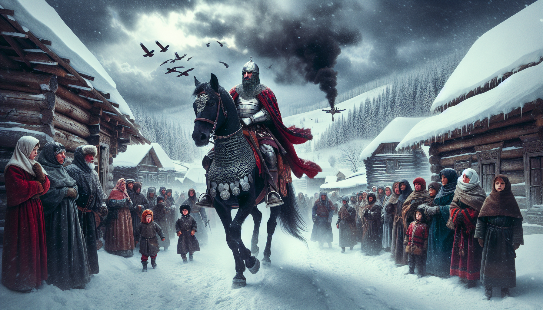 A medieval warrior riding a strong dark horse through a snow-covered village during winter. The warrior wears a chainmail armor, a metal helmet, and a red cloak flowing in the wind. Snow is falling gently, and the ground is covered in white. Villagers—men, women, and children—stand outside rustic wooden houses, watching the warrior pass with curiosity and a hint of awe. Bare trees line the path, and smoke rises from chimneys under a cloudy, grey sky. The atmosphere is cold, quiet, and dramatic, evoking a sense of history and purpose.