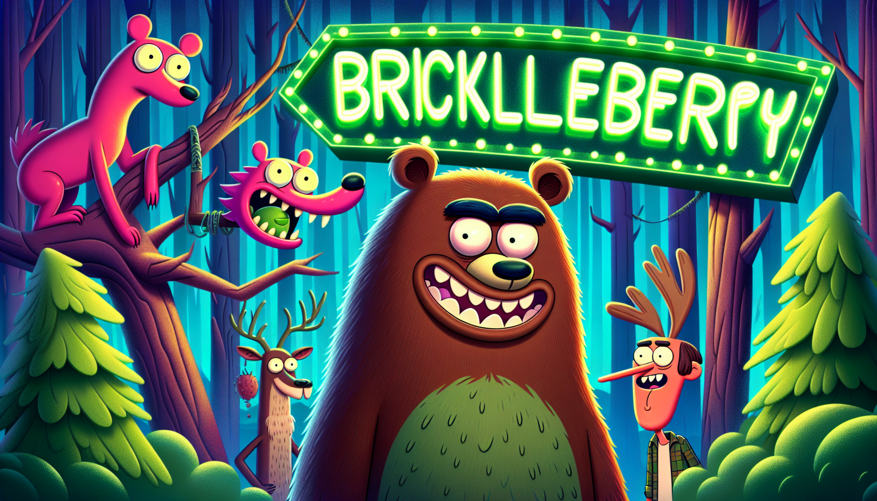 сделай картинку из мультфильма brickleberry и надпись возле медведя неоновыми буквами "BRICKLEBERRY"