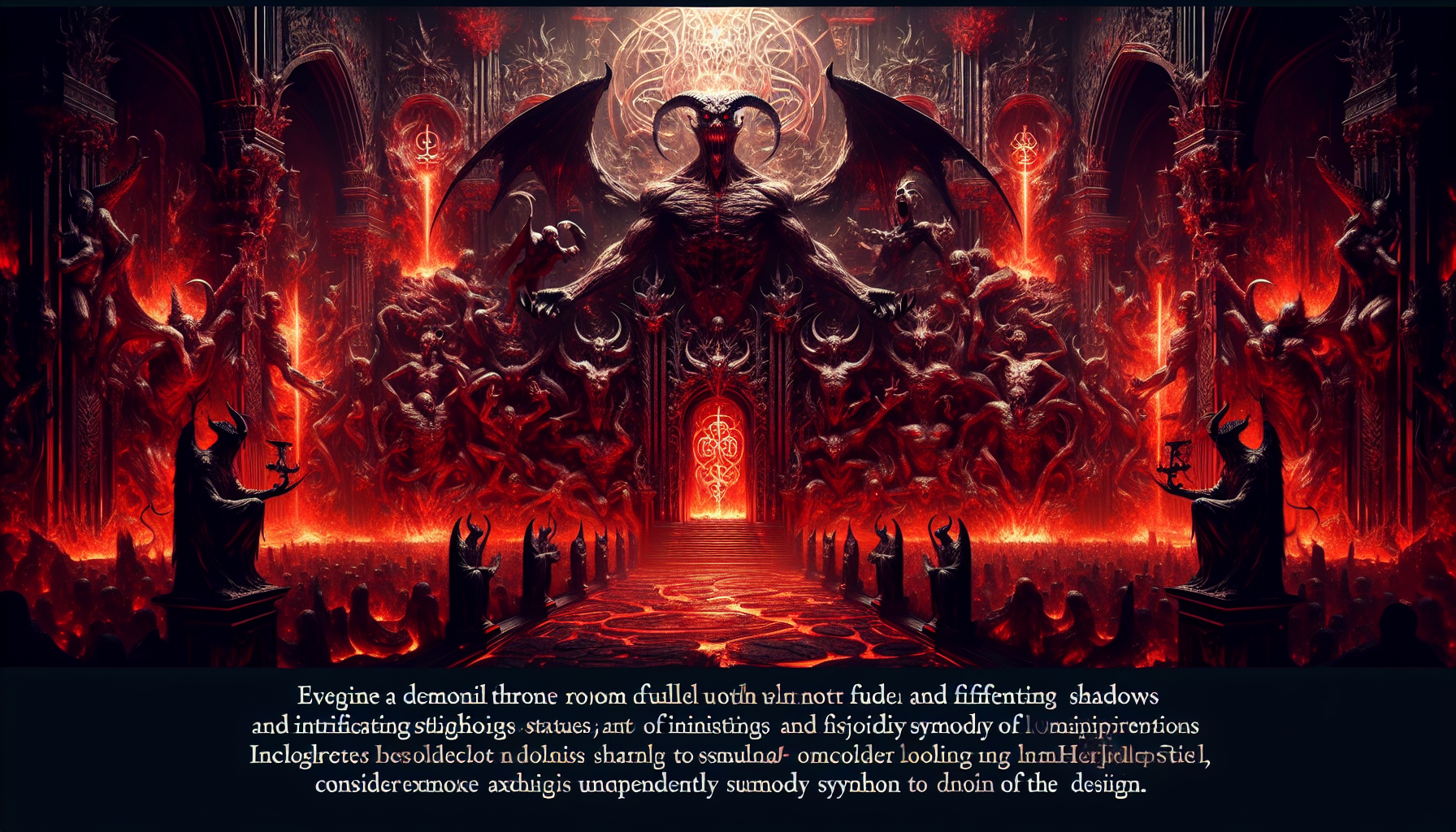 a demonic throne room with lava, dark shadows, and ominous statues, glowing red and black atmosphere, hellish symbols in the background, high detail, horror style