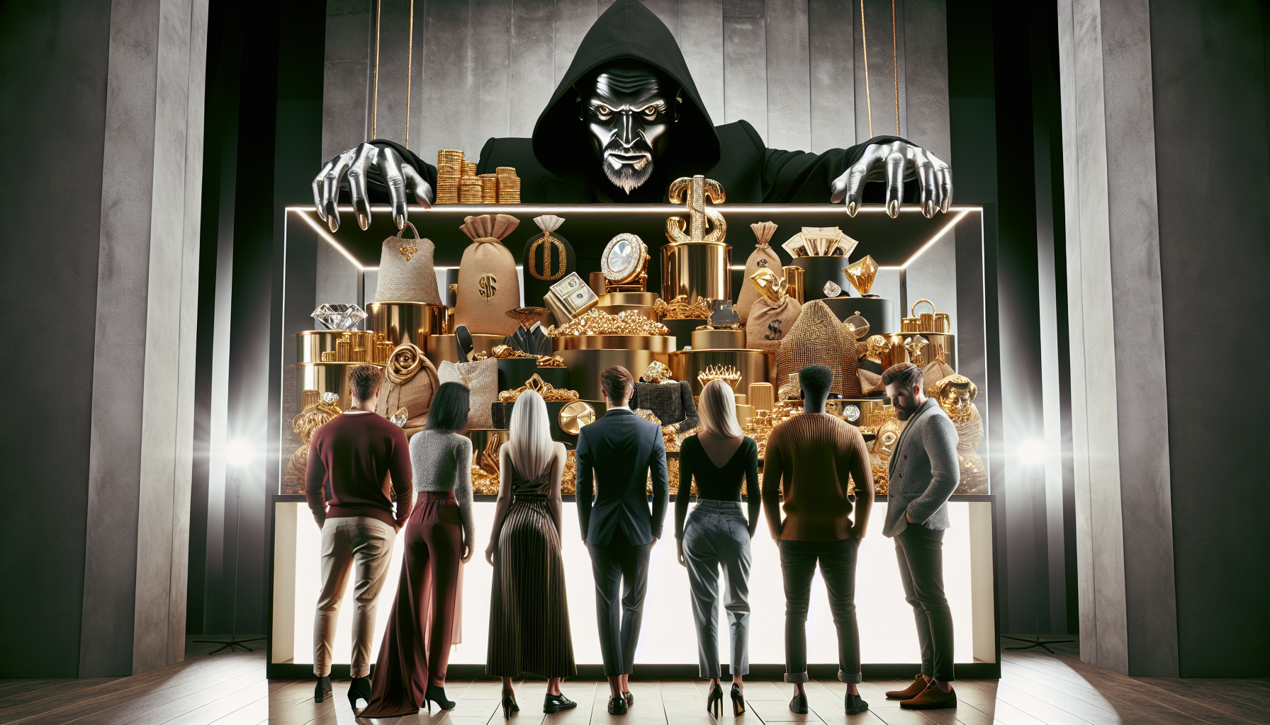 People in modern clothes staring at gold, diamonds, and luxury items, shadows of Mammon behind them, subtle and sinister presence, urban style