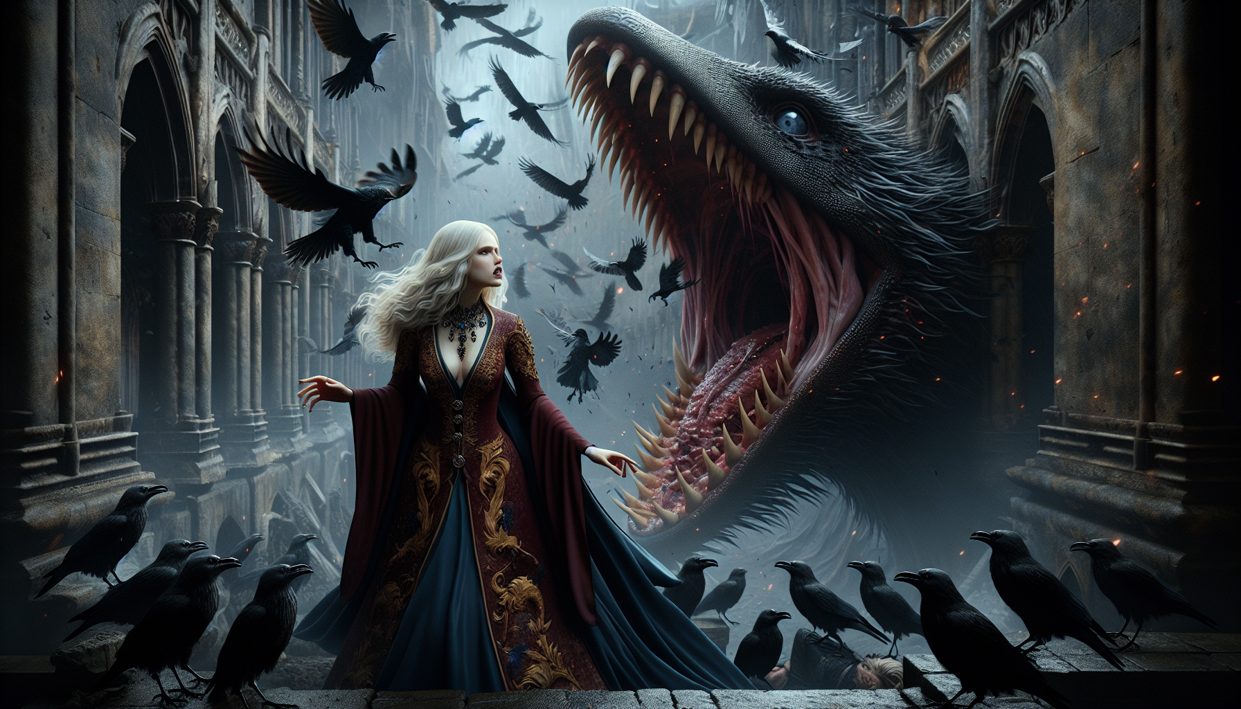 crea l'immagine di daenerys in fuga da uno stormo di corvi che ha assunto le sembianze di una gigantesca bocca con le fauci spalancate, ambientato in una città morente, cupa, illuminata da fiamme scarlatte e blu. voglio che sia molto realistica e in stile trono di spade.