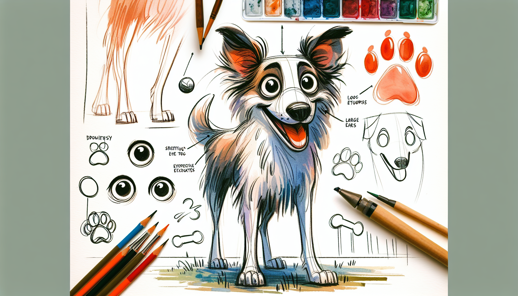 Contorno general: Dibuja el cuerpo del perro con trazos sueltos y enérgicos. No te preocupes por la perfección; la espontaneidad es clave.

Cabeza y expresión: Crea una cabeza ligeramente desproporcionada con respecto al cuerpo, con ojos grandes y expresivos. Añade cejas arqueadas para enfatizar emociones como sorpresa o alegría.

Orejas y cola: Dibuja orejas grandes y móviles, y una cola que refleje el estado de ánimo del perro, como erguida para entusiasmo o caída para tristeza.

Detalles faciales: Incluye una nariz prominente y una boca que pueda mostrar una sonrisa amplia o una expresión traviesa.

Coloración: Aplica acuarelas con colores vivos y contrastantes, dejando algunas áreas sin pintar para mantener la frescura del dibujo.

Fondo y entorno: Agrega elementos simples como un hueso, una pelota o un paisaje minimalista para contextualizar al personaje sin restarle protagonismo. 

Recuerda que debes de dibujar todo el cuerpo del perro y que debe de ser a color