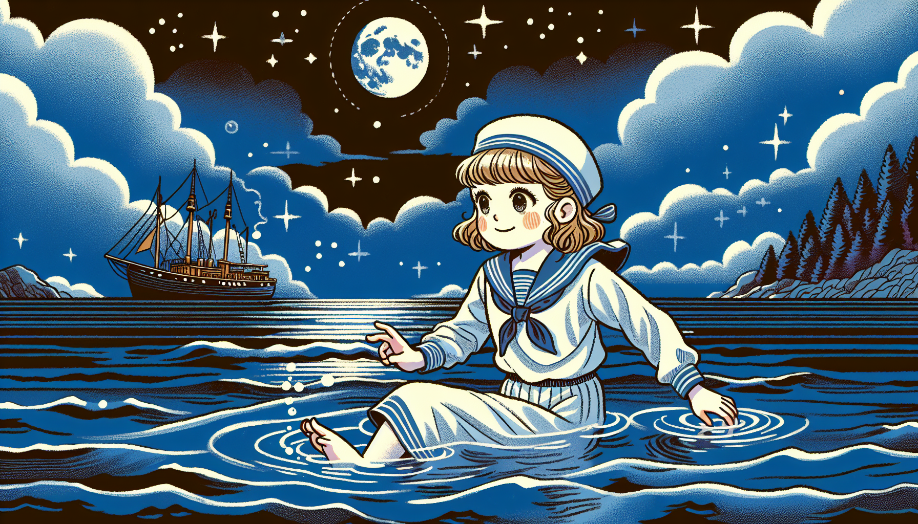 夜晚，有月亮，水手服少女在海中游泳