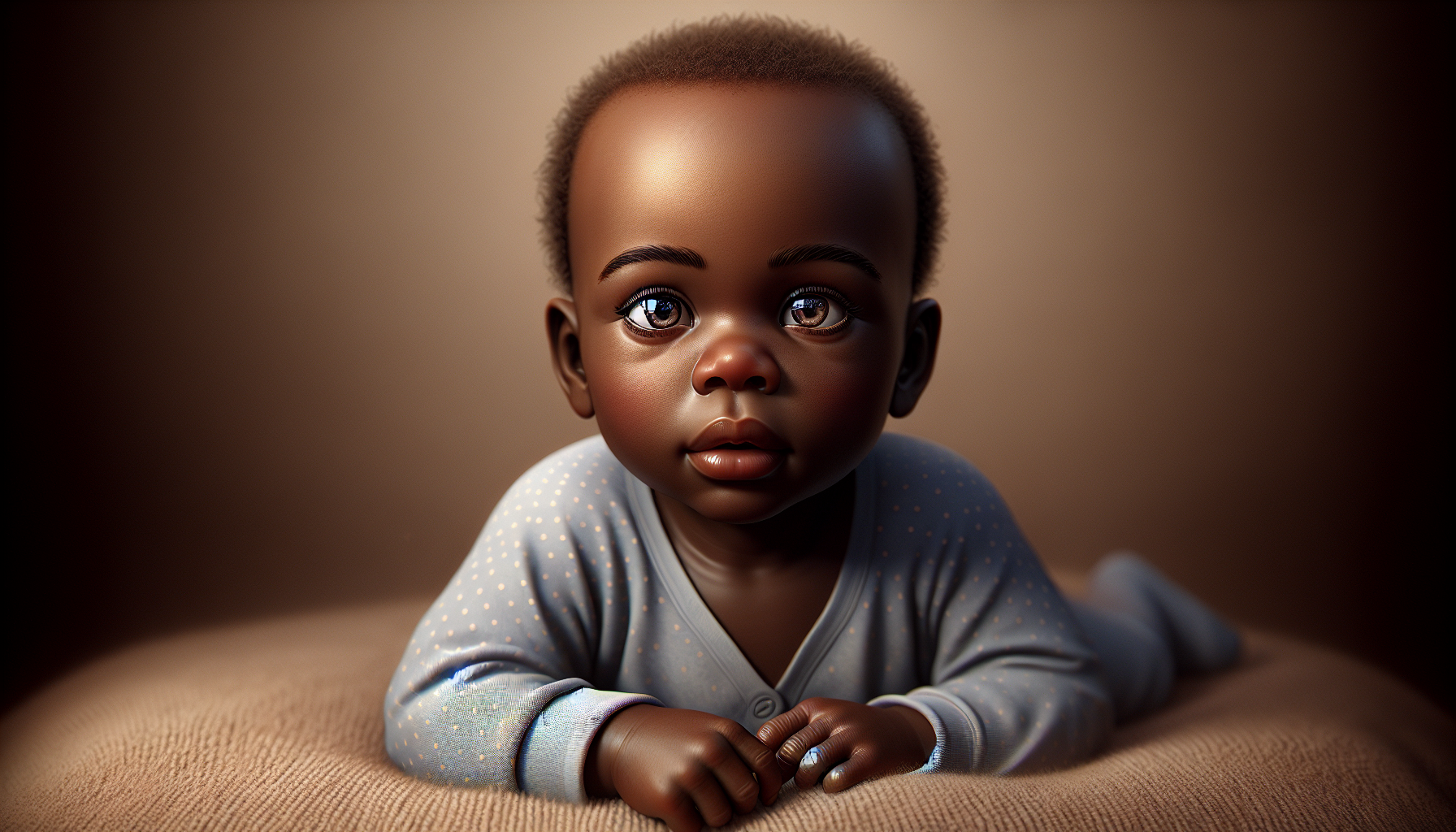 A realistic baby boy sitting on a soft beige surface, wearing a light blue polka dot onesie, around 6 to 12 months old. He is looking directly at the camera with big curious eyes. The baby is holding his hand close to his open mouth as if he was holding a teether, but the teether is not present. Natural lighting, soft shadows, high detail, realistic skin texture, round face, short light brown hair, calm facial expression.