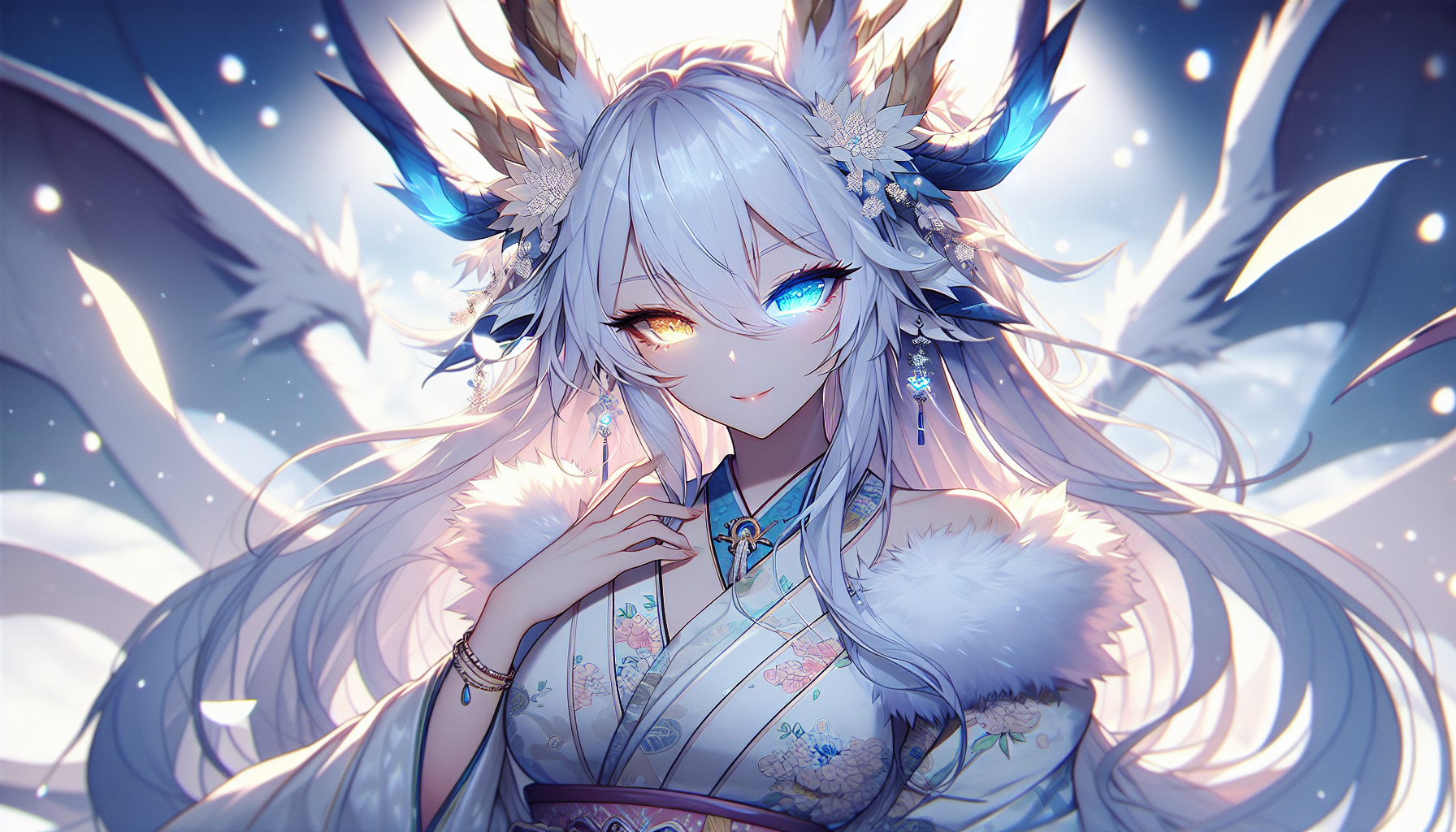 A noble dragon girl with long flowing white hair, tall white furry ears, glowing blue dragon horns above her head, heterochromia eyes (one gold, one blue), a gentle and confident smile, wearing an elegant kimono-inspired outfit with floral patterns and white fur trimming, fantasy setting, ethereal aura, soft lighting, anime-style portrait, ultra detailed face, delicate facial features, winter atmosphere, celestial grace

