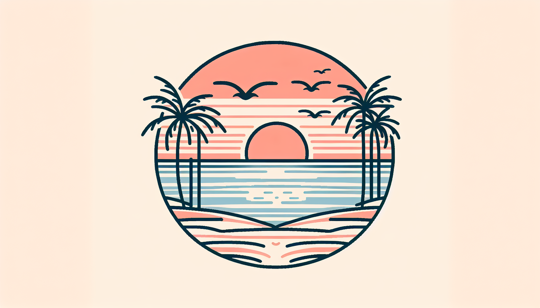 Minimalist line art of a sunset over the ocean with palm trees and flying birds. Warm pastel tones (orange, pink, light blue). No background. Clean, modern, and simple for central T-shirt placement between text. Ideal for summer vibes and beach quotes