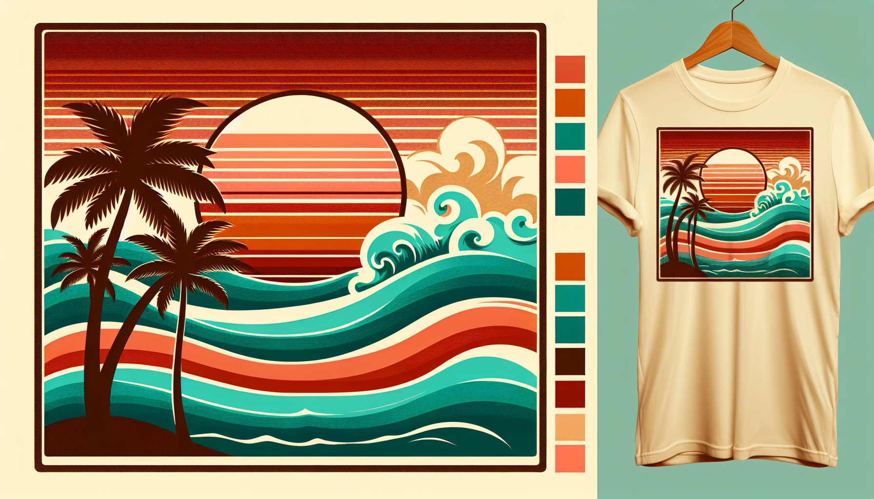 Stylized retro summer scene featuring a golden sun setting over turquoise waves, with burnt orange palm trees and a deep coral sky. Add soft clouds in cream and light peach. No background. Colors are optimized for all skin tones: warm gold, teal, coral, and ivory. Designed for placement between upper and lower text on a neutral (white, tan, or charcoal) T-shirt