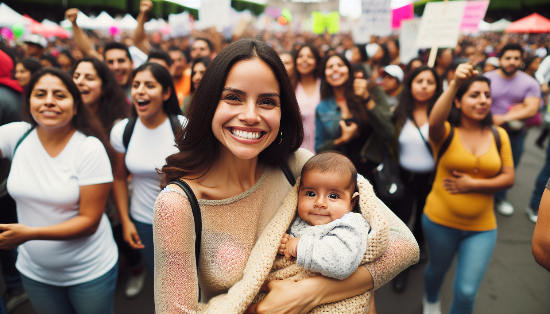 Mujer mexicana en manifestaacion contenta y alegre con su hijo bebé en brazos