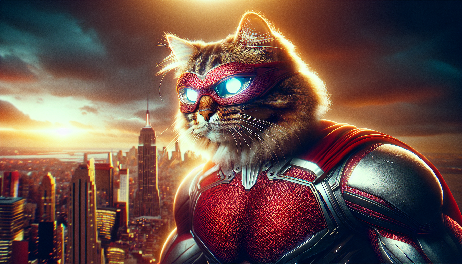 A realistic cat wearing a superhero suit inspired by Omni-Man, red and white costume with a cape, muscular build adapted for a cat body, detailed fur, cinematic lighting, dramatic background, hyper-realistic style
