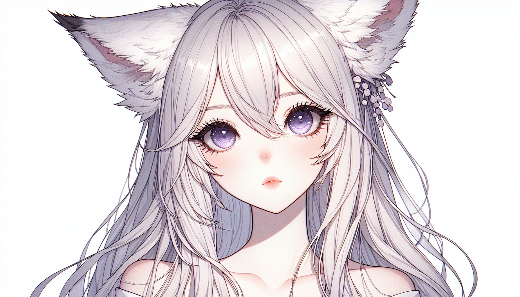 close-up bust shot of an ethereal anime-style fox spirit, showing head and shoulders, long silvery-white hair cascading over her shoulders, large drooping fox ears softly hanging beside her cheeks, soft gentle lavender eyes with a dreamy gaze, flawless porcelain skin without any markings or patterns, subtle blush on cheeks, soft serene expression, ultra-detailed, clean lineart, soft cel shading, high resolution