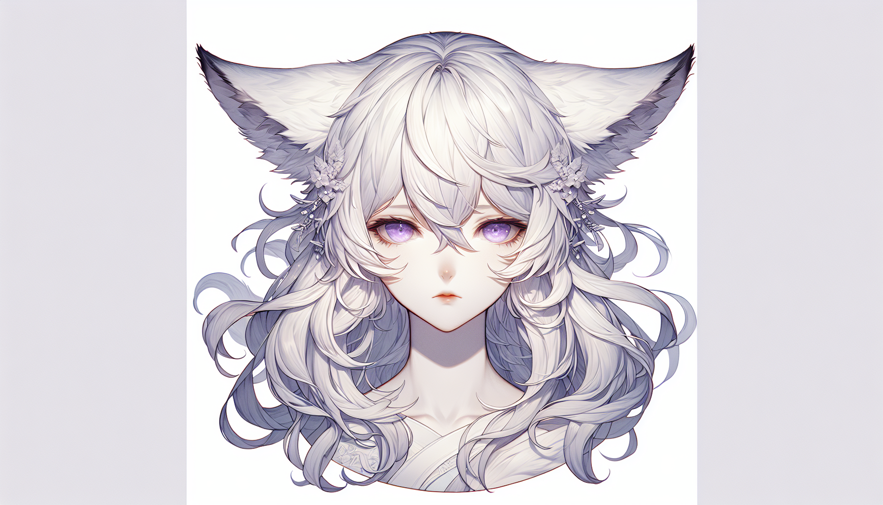 close-up bust shot of an ethereal anime-style fox spirit, showing head and shoulders with extra headroom so that her large drooping fox ears (tips fully visible) are entirely within the frame, long silvery-white hair cascading over her shoulders, soft gentle lavender eyes with a dreamy gaze, flawless porcelain skin without any markings or patterns, subtle blush on cheeks, soft serene expression, ultra-detailed, clean lineart, soft cel shading, high resolution, portrait orientation
