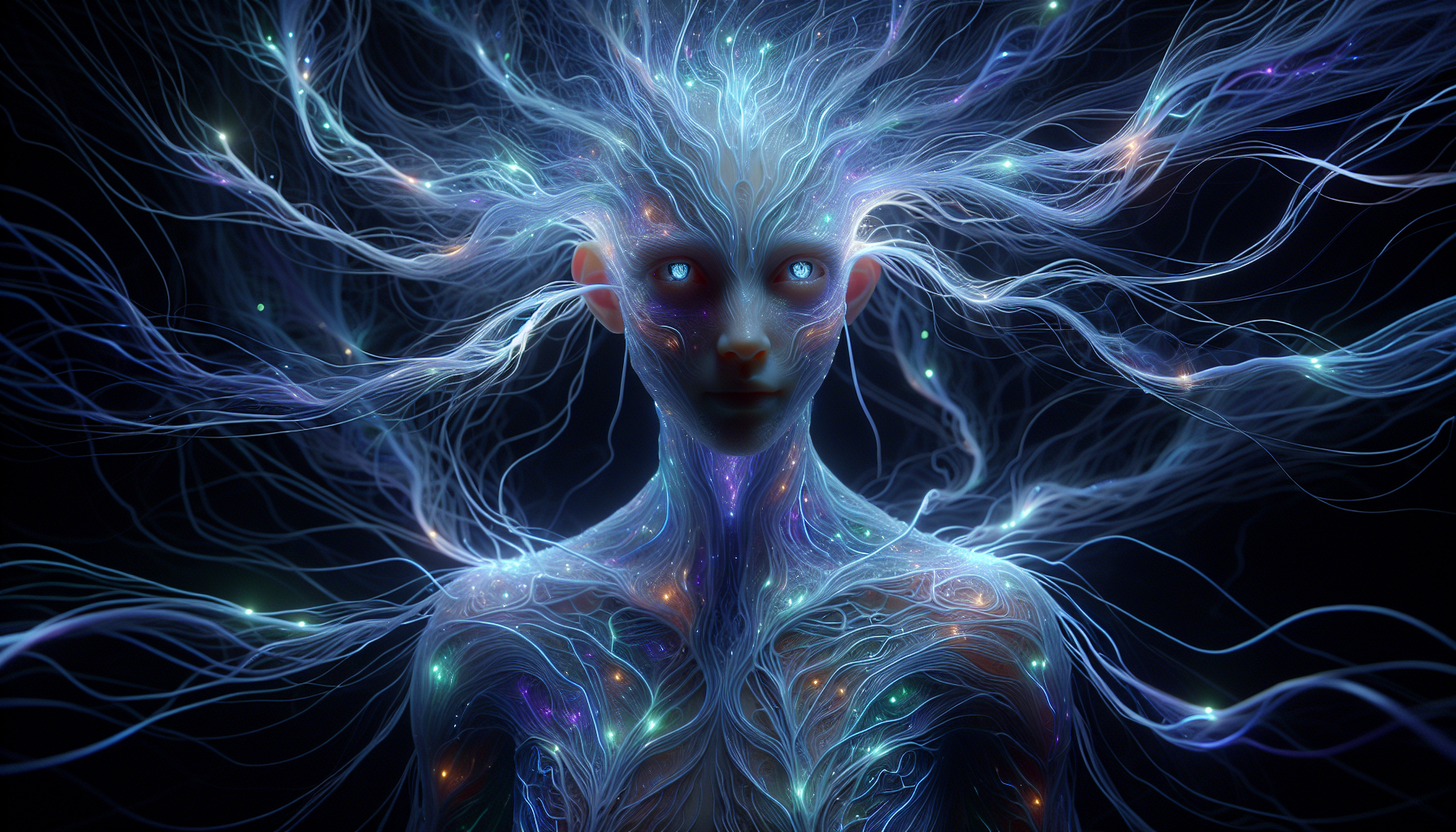 The Archaea: Appearance: Humanoid figures with translucent, bioluminescent skin that glows faintly in soft blues, greens, or purples. Features: Veins: Their veins are visible and glow brighter when they use their powers. Eyes: Large, almond-shaped eyes with a luminous iris, giving them an ethereal gaze. Hair: Hair-like tendrils or filaments that shimmer and move as if alive. Clothing: Simple, flowing garments made of semi-transparent, organic materials that blend with their bioluminescence. Cultural Elements: They are scholars and builders, often seen carrying tools or artifacts made from the proto-body’s materials. Their movements are graceful and deliberate, reflecting their deep connection to their environment. Hyper realistic, masterpiece, 32k,