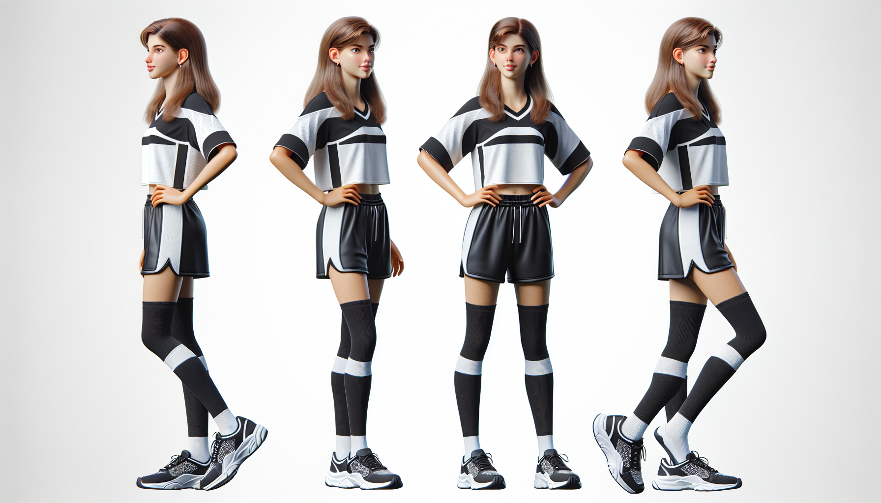 Ahora haz una imagen realista de una porrista de 18 años de edad, calcetas negras, tenis blancos a cuerpo completo; pose relajada, uniforme deportivo moderno, (que se vean sus tenis blancos deportivos); con rasgos faciales que se muestran en la foto que anexé, pero no corresponden a la persona actual sino imaginario.

