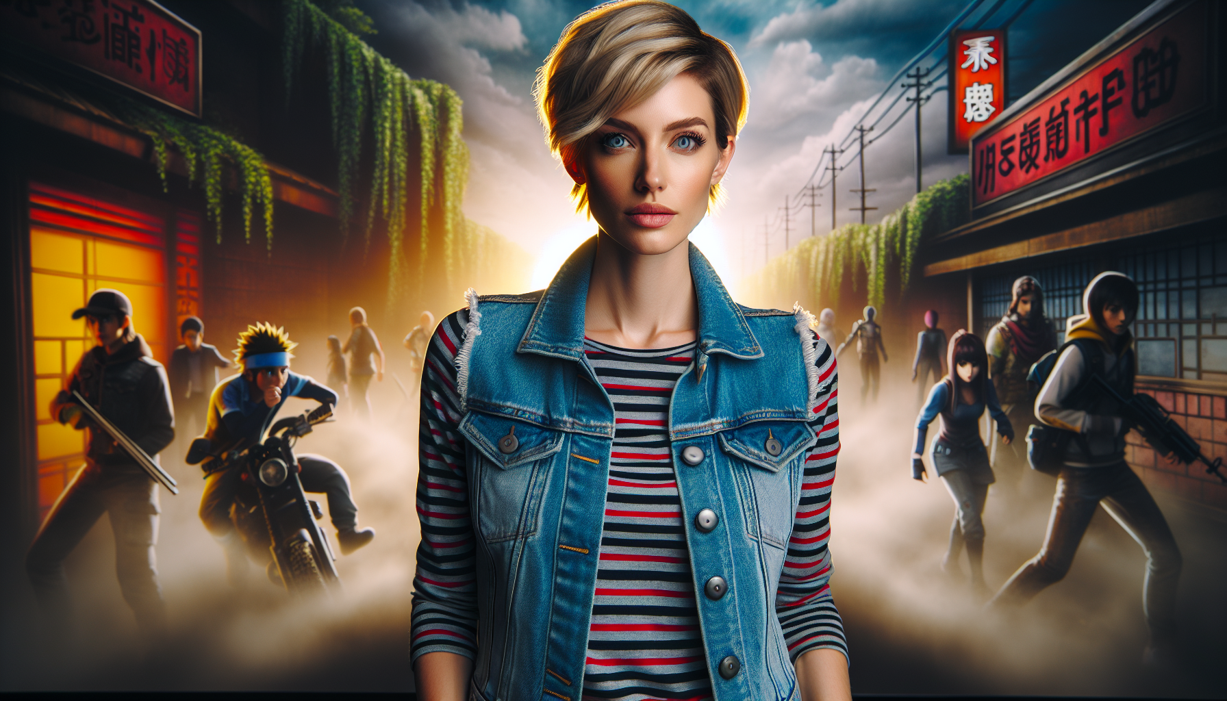 A realistic woman with short blonde hair, piercing blue eyes, wearing a denim vest and striped shirt — realistic lighting, cinematic photo anime drangon ball Z