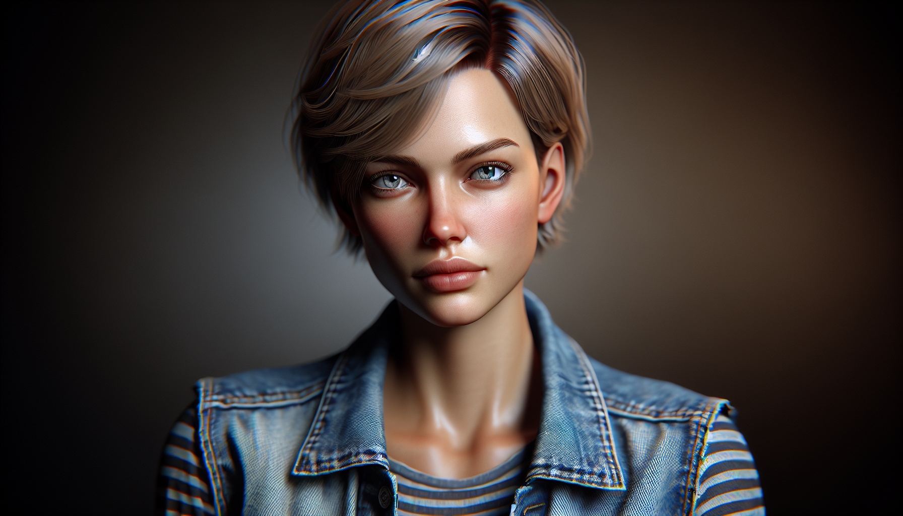 A realistic woman with short blonde hair, piercing blue eyes, wearing a denim vest and striped shirt — realistic lighting, cinematic photo