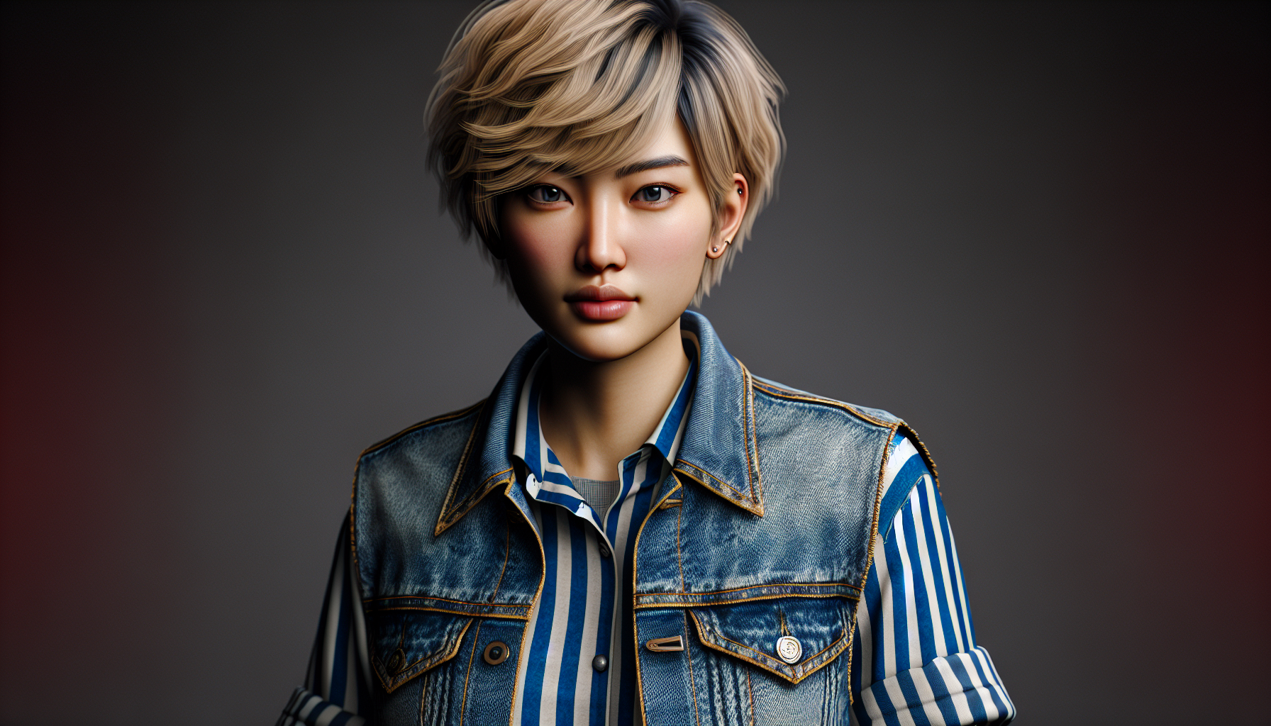 A realistic woman asiatic with short blonde hair, piercing blue eyes, wearing a denim vest and striped shirt, with big tits — realistic lighting, cinematic photo all body