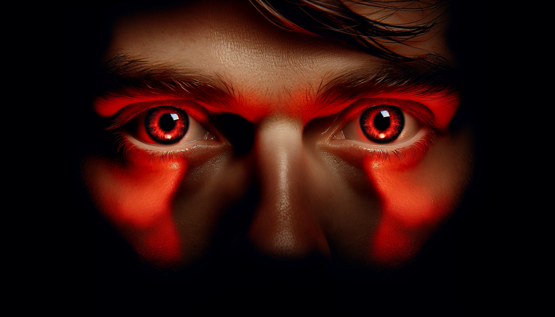 Close-up of a hypnotized person’s eyes, staring in obsession, red glow reflections, dark background