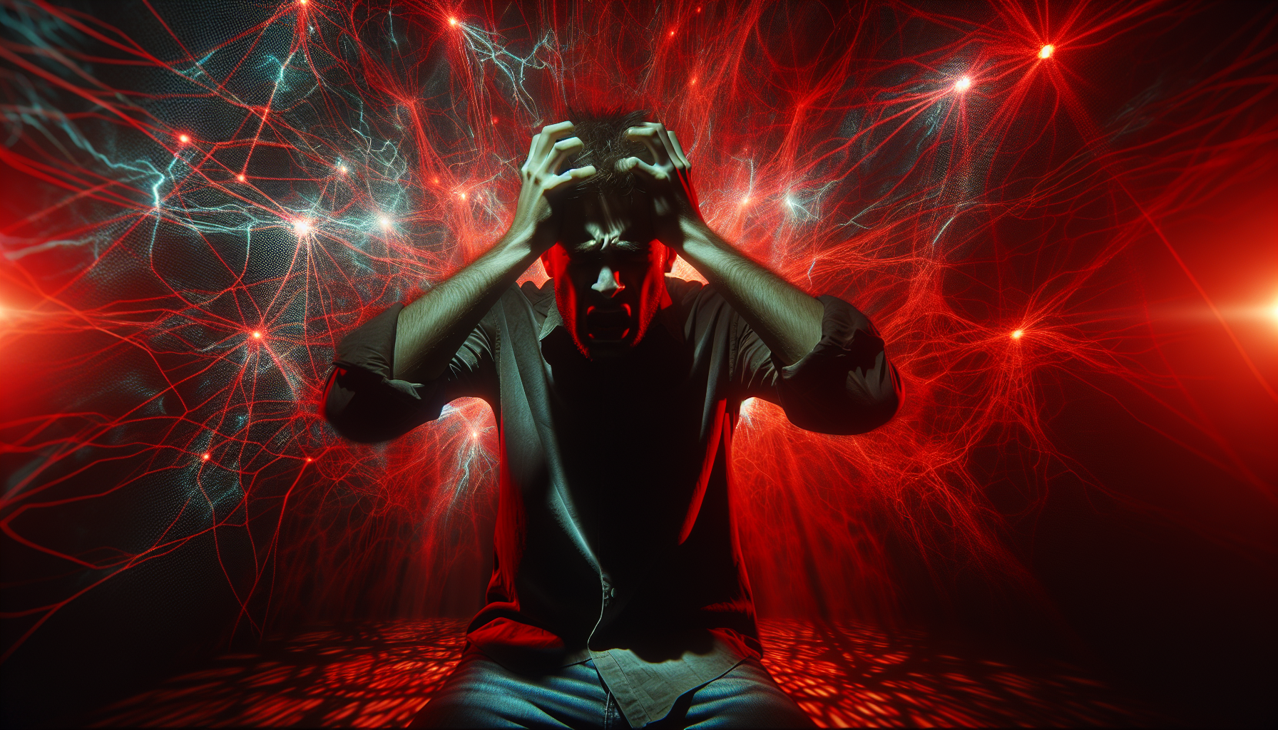 Person overwhelmed by emotion, grabbing head in confusion, red light flickering, cinematic style