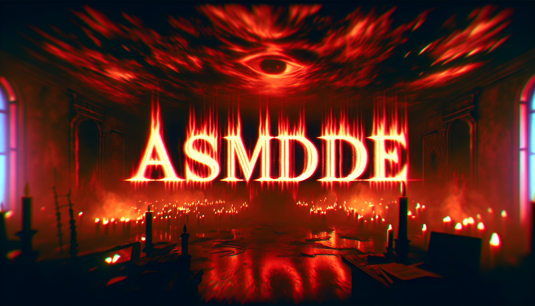 Glitching flaming red text 'Asmodée', demonic background, intense horror style