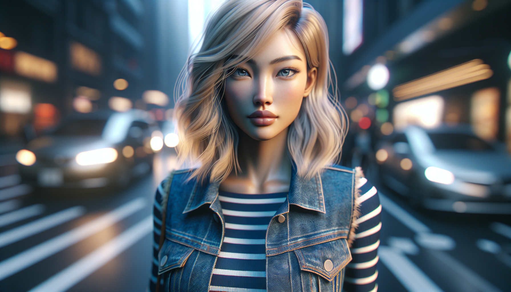 A realistic woman asiatic with blonde hair, piercing blue eyes, wearing a denim vest and striped shirt, with big tits — realistic lighting, cinematic photo sexy all body in the city