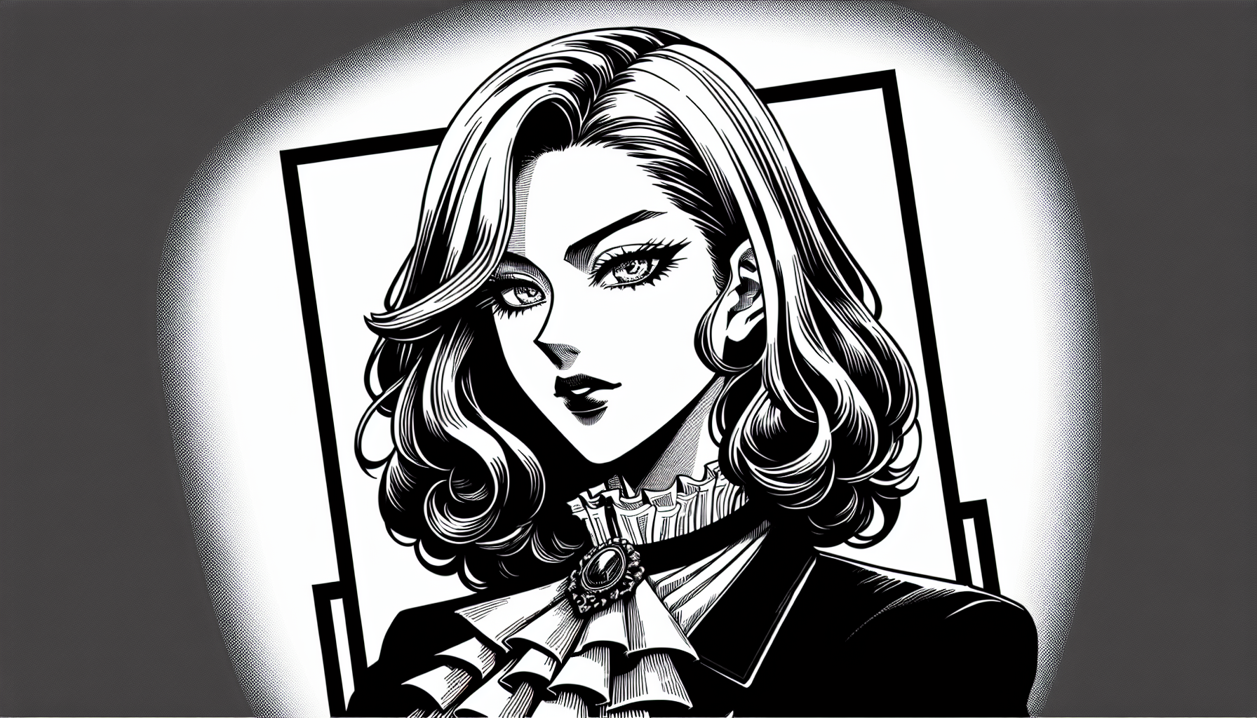 draw a black and white manga cover photo. a tall, attractive, extremely beautiful manipulator woman. approaches with a scary look 