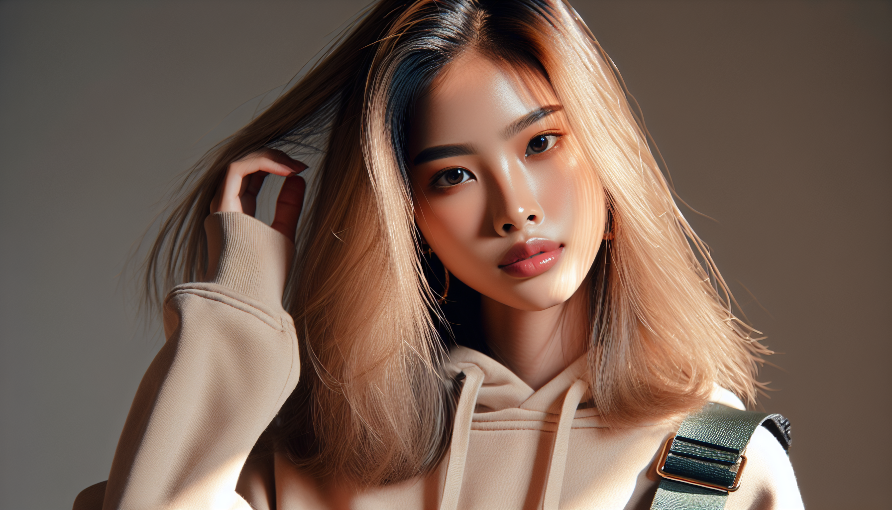 ultra-realistic photo of a beautiful 22-year-old asiatic female model, light brown hair, studio lighting, Instagram style, soft makeup, streetwear fashion, 4k, shallow depth of field