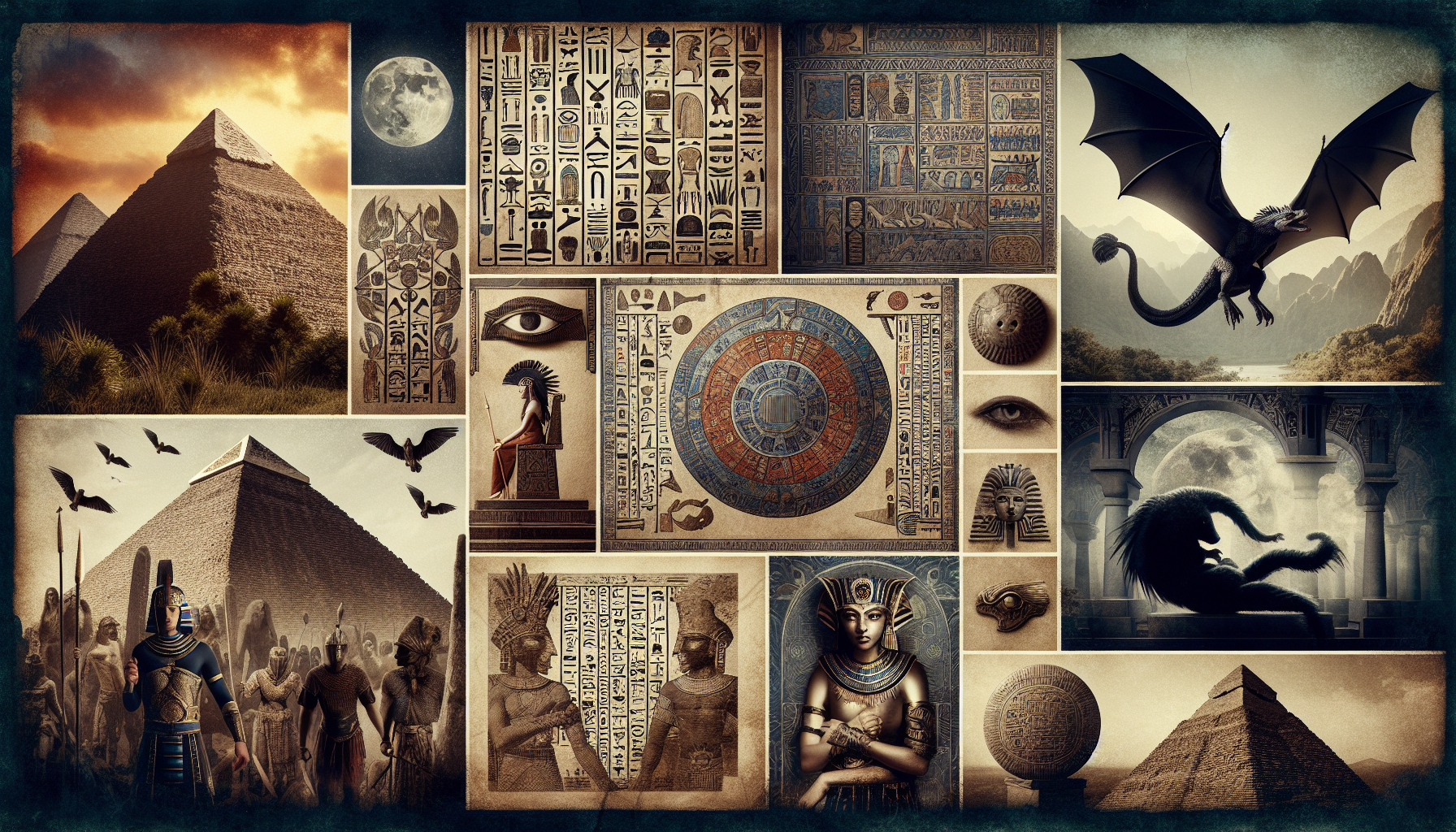 Collage of ancient civilizations (Egypt, Maya, Sumer), secret scrolls, dark war scenes, hidden manuscripts, mystery vibes