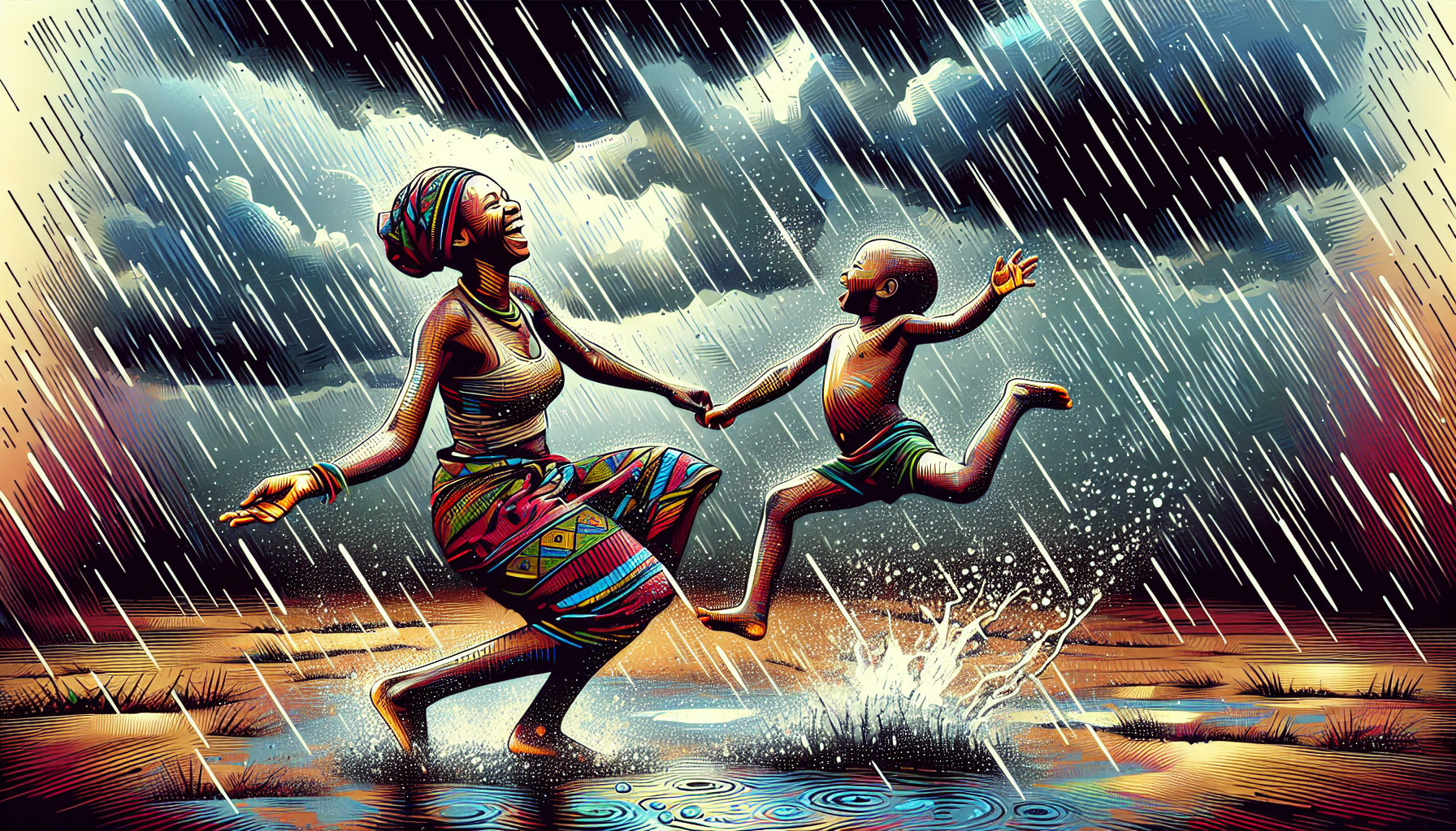 African mother and child playing under the rain 
