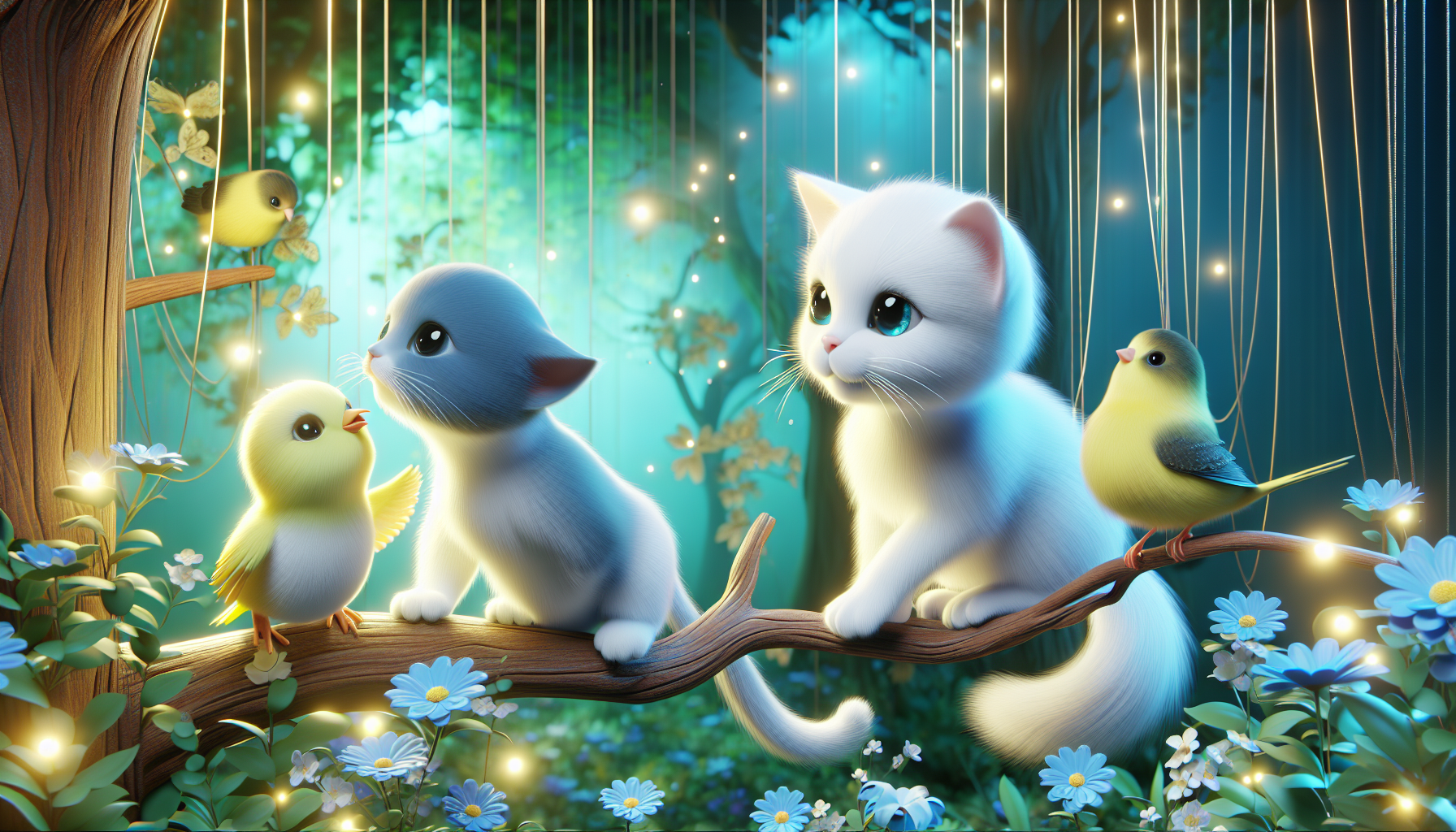 "Una gatita blanca hablando con un pájaro azul y un canario amarillo en una rama. Expresiones
amigables y curiosas, fondo de bosque luminoso con flores alrededor. Estilo cartoon expresivo."