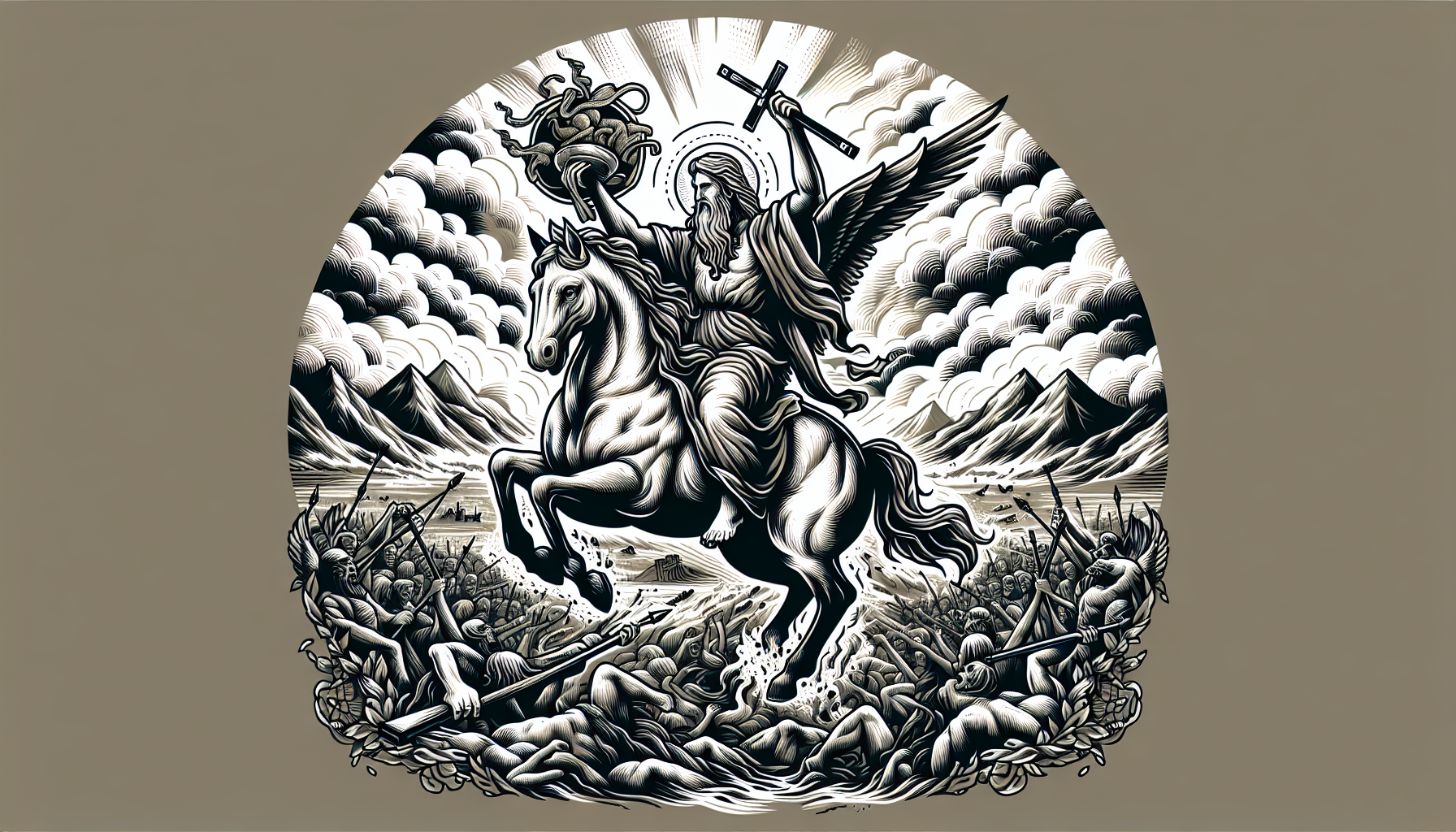 tattoo flash, jesus dead lifting on the back of the pale horse during the battle of armageddon