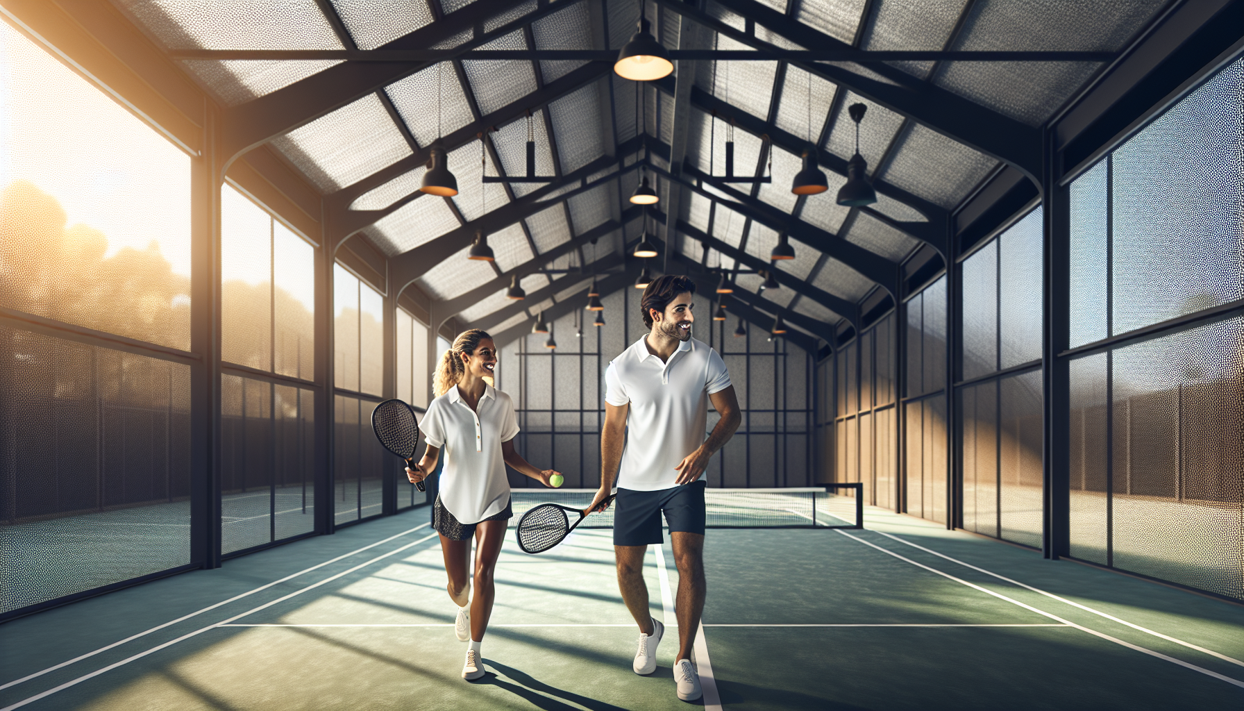 Crea la imagen de una cancha de padel, con un par de adultos deportistas vestidos con short y playera tipo polo blanca jugando amistosamente; la cancha se encuentra techada por una cubierta de armaduras de acero en color negro, y techo de lamina de acero galvanizado; la cancha se ilumina por lamparas colgadas de la cubierta.