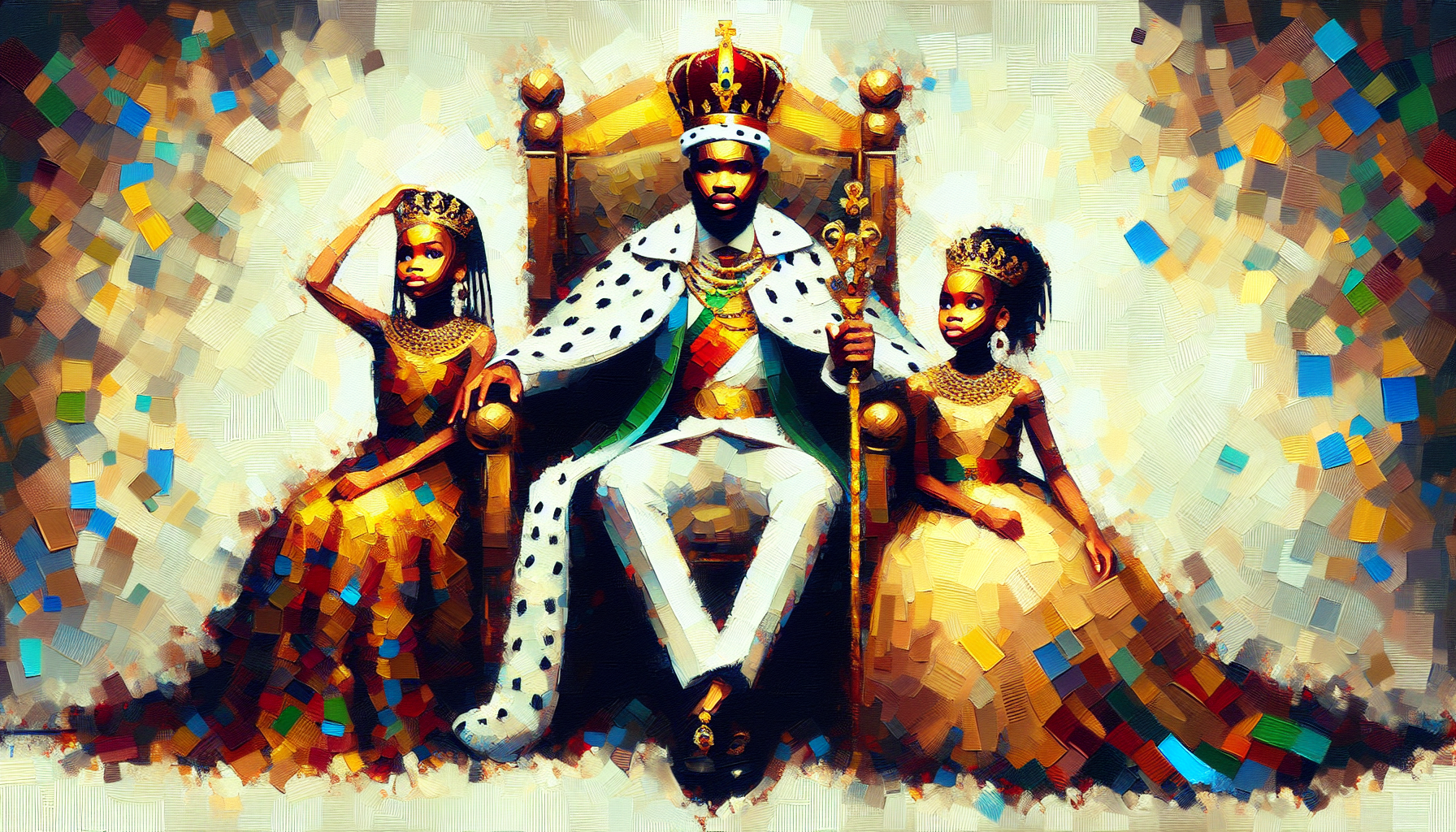 African King seated on his throne wearing crown with his Queen and their three little princesses