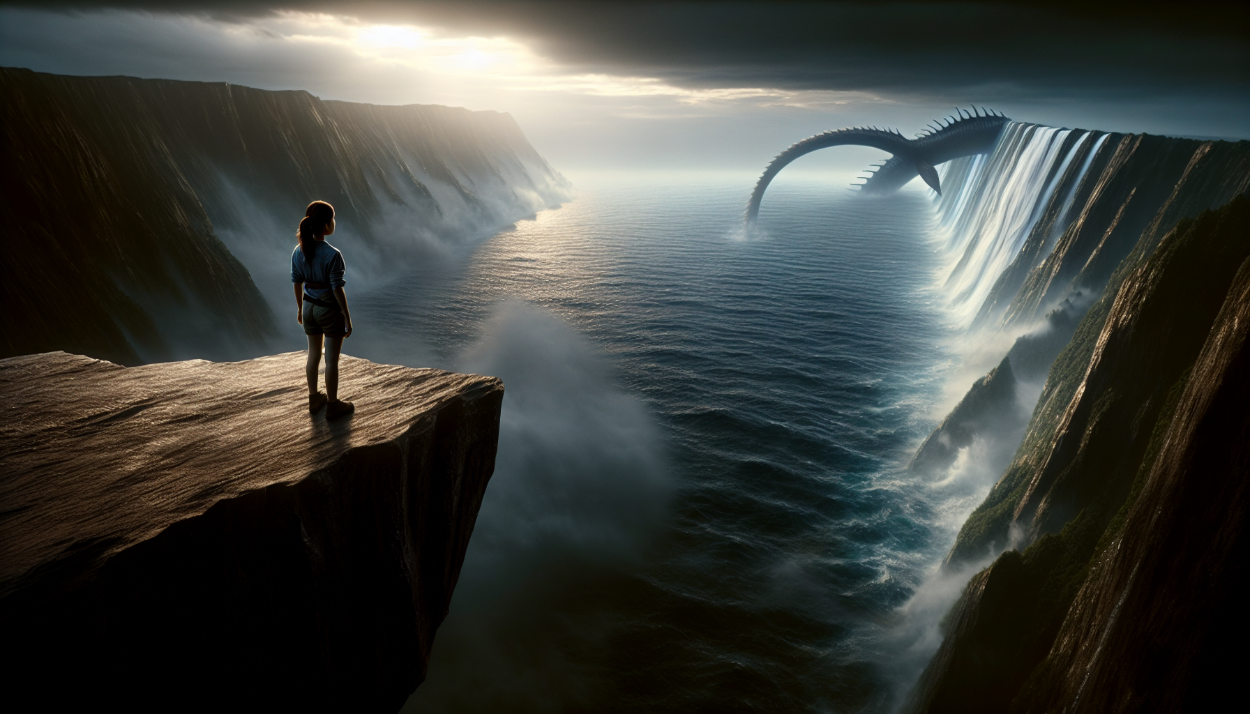 Small human figure standing on cliff, gazing at endless ocean where a massive creature tail disappears into the depths, awe and mystery vibe, cinematic scale, moody lighting