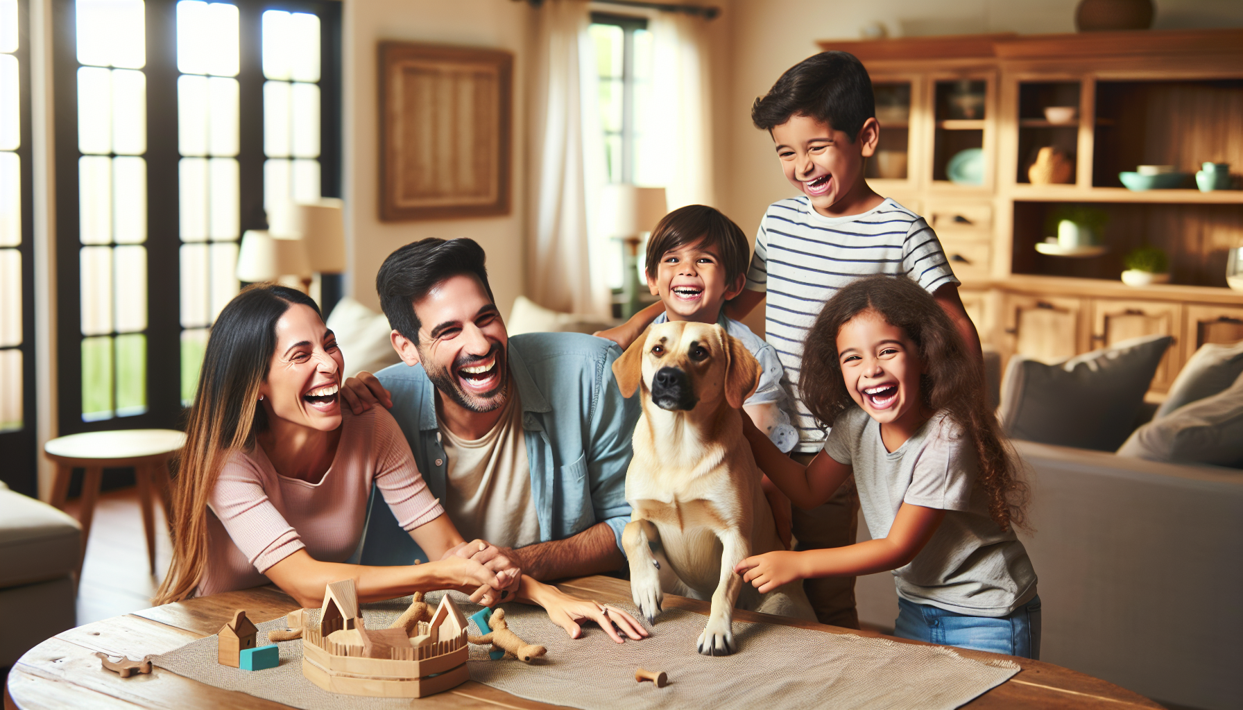 hazme una familia feliz jugando con su perro en el comedor de su casa
