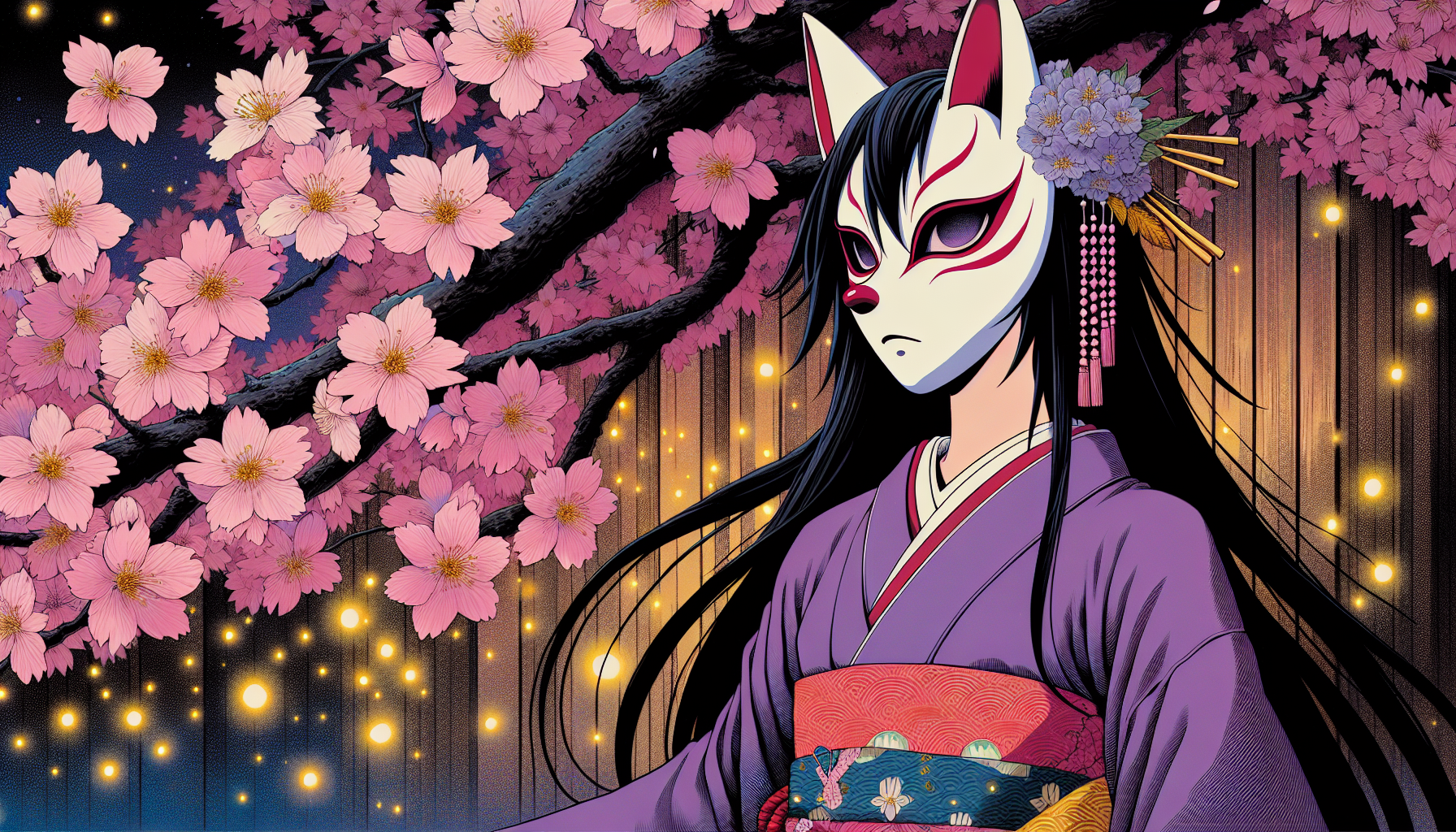 A teenage girl with bluish-black hair, in a white Japanese fox mask with red stripes, wearing violet kimino, stands under sakura tree in full bloom. It is night, and the girl is surrounded by golden fireflies.