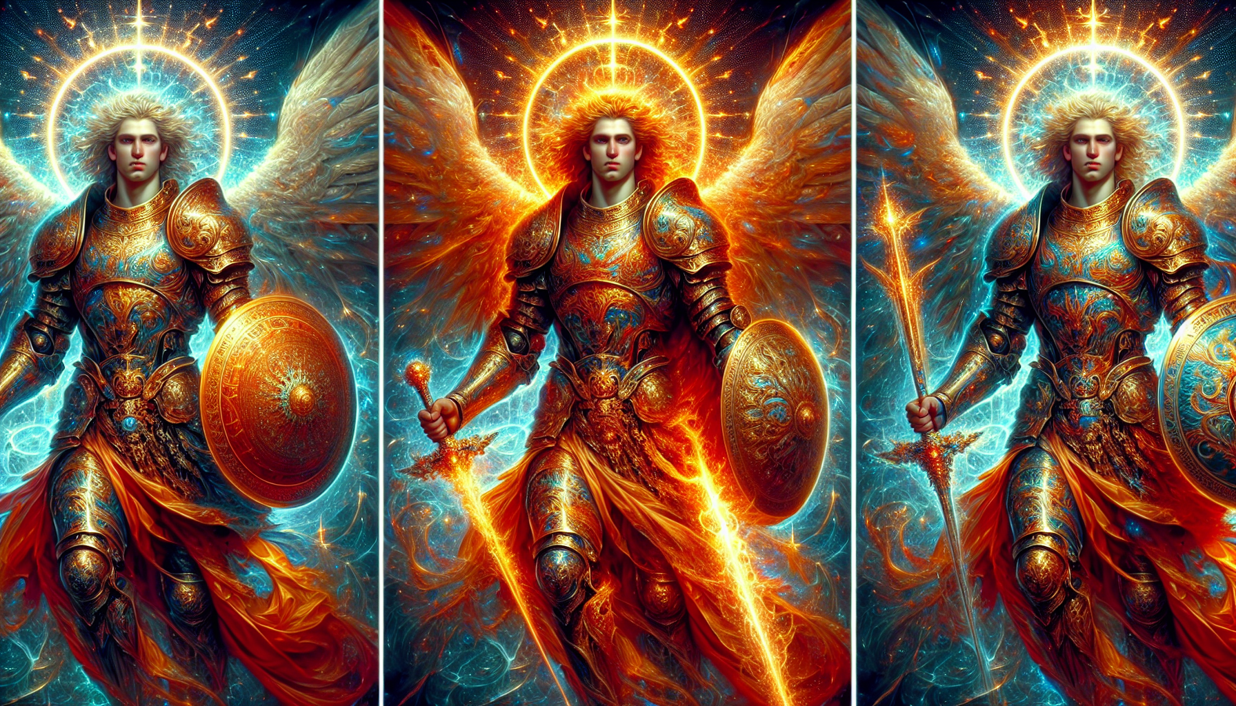 Portrait of the three archangels in battle armor, each holding a symbolic weapon — fantasy style, glowing halos.