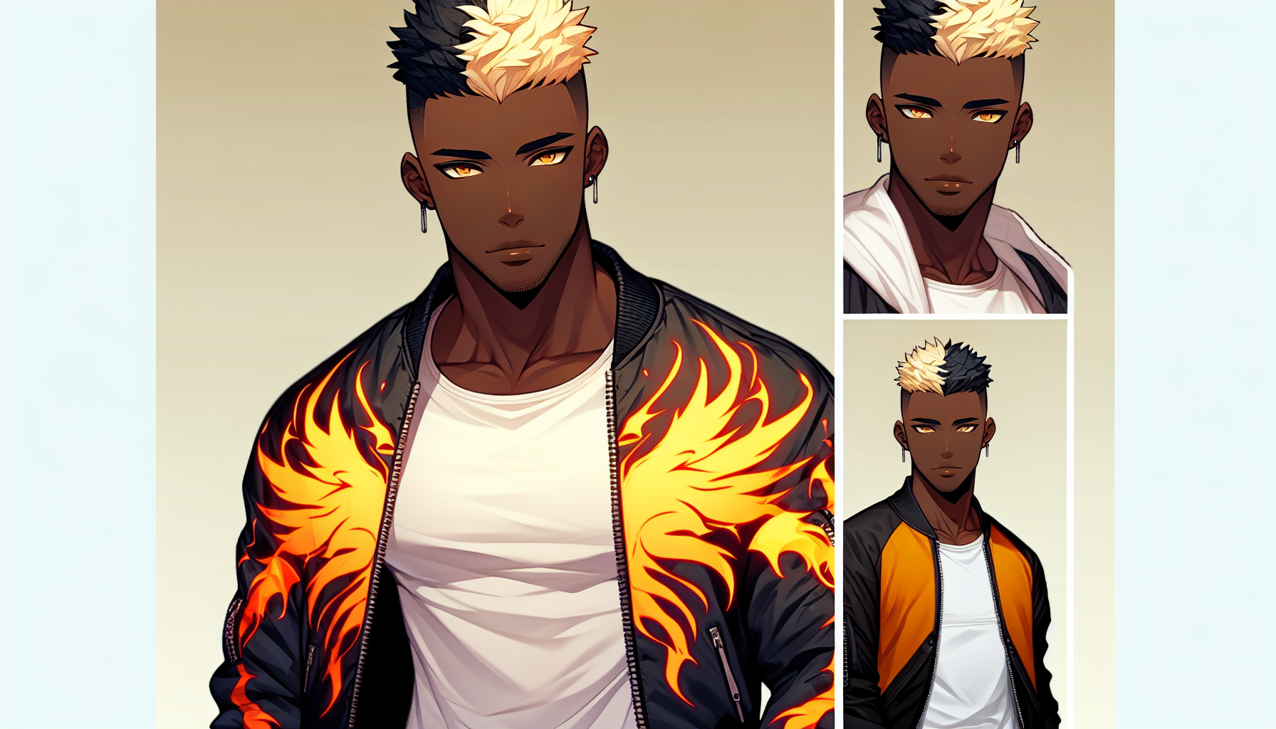 Phoenix is a tall, athletic Black man with a sharp, confident look. He sports a stylish, flame-themed bomber jacket with a glowing fire emblem, a white t-shirt, and dark jeans. His hair is styled in a high fade with bleached blonde tips, and his eyes have a fiery, intense gaze.