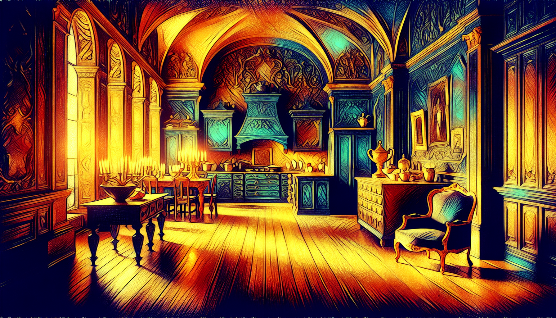 distant royal kitchen, cold empty chair, dark shadows, muted golden glow, lonely atmosphere, oil painting style --ar 9:16