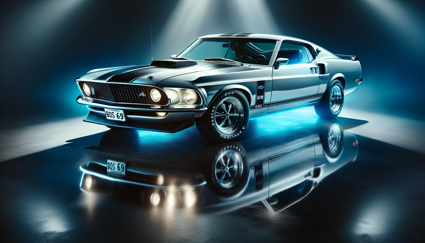 A digital illustration depicting a pristine 1969 Ford Mustang Boss 429 Mach 1, finished in platinum silver with black racing stripes, striking neon blue highlights and gleaming chrome accents, positioned at a slight angle to emphasize it's powerful lines, and the license plate "BOSS 69". The vehicle's design exudes elegance, with an ultra glossy chrome finish and polished platinum accents. Neon blue lights trace the curves of the car, casting a mesmerizing glow on the reflective surface. The background transitions from dark blue to dark grey, softly illuminated by a diffused light source behind the car, creating a warm glow and a dynamic, cool atmosphere.