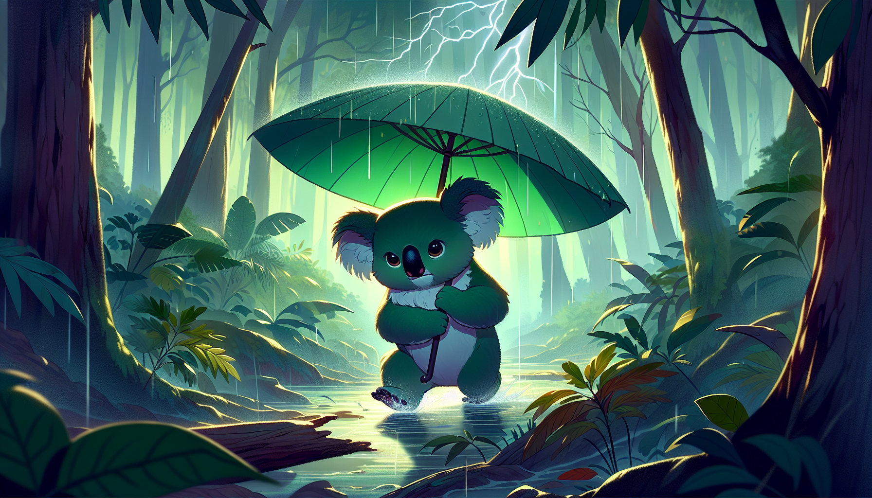 “Anime-style illustration of a brave koala walking forward through a dark forest, holding a large green leaf umbrella. The atmosphere is moody and misty, faint lightning flashes in the sky, wet leaves shine on the ground, dramatic cinematic lighting, Studio Ghibli inspiration, highly detailed, soft shadows, expressive eyes, rich forest tones, 4k resolution”